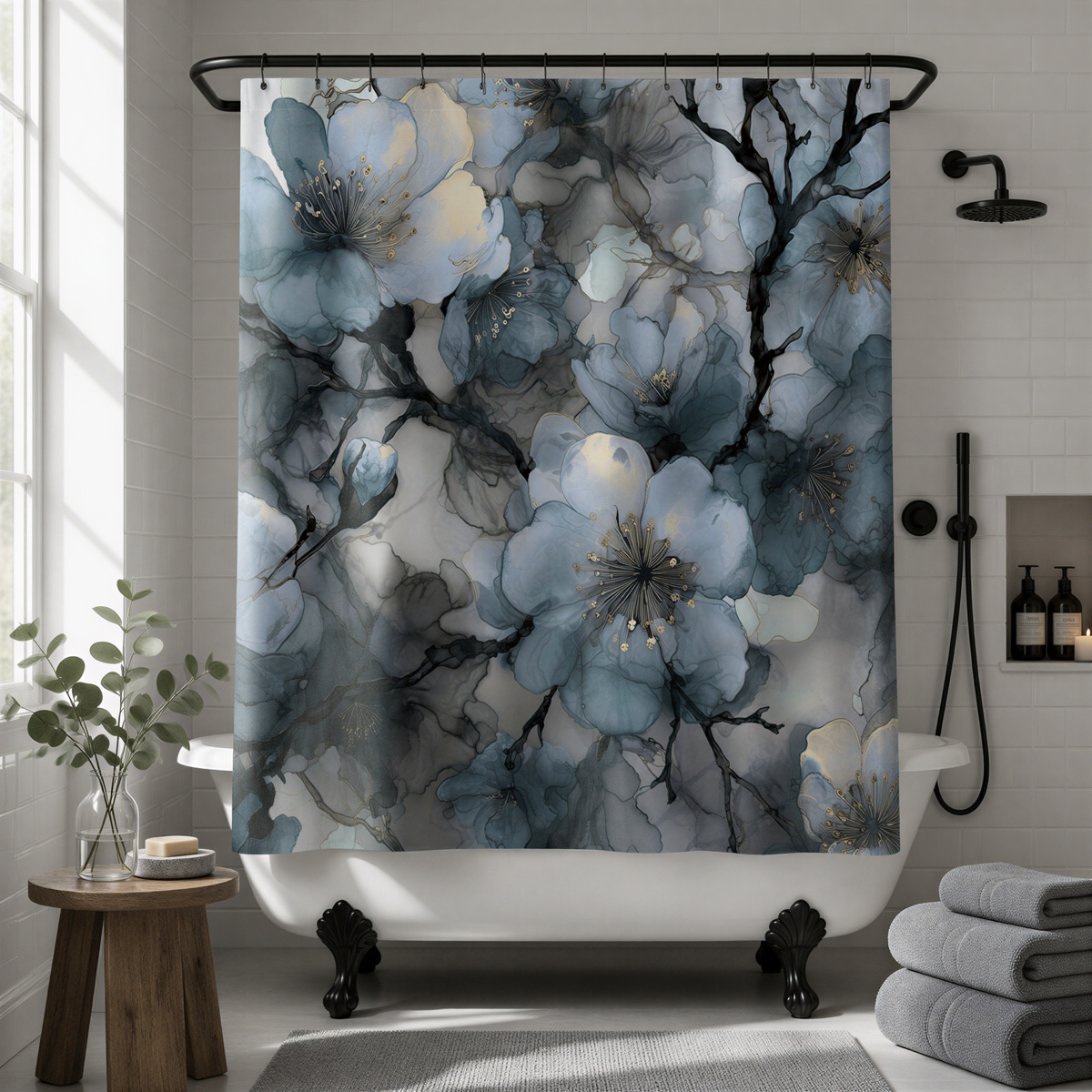 a bathroom with a white clawfoot bathtub, a shower curtain with a floral pattern, and a wooden stool.