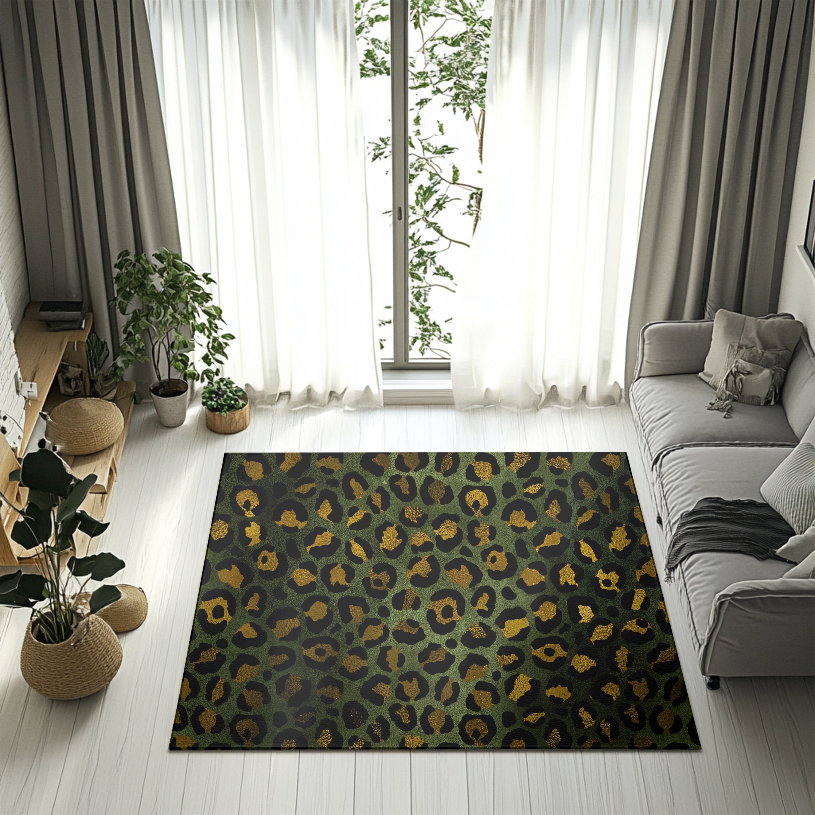 Boho Area Rug | Green Brown Gold Leopard