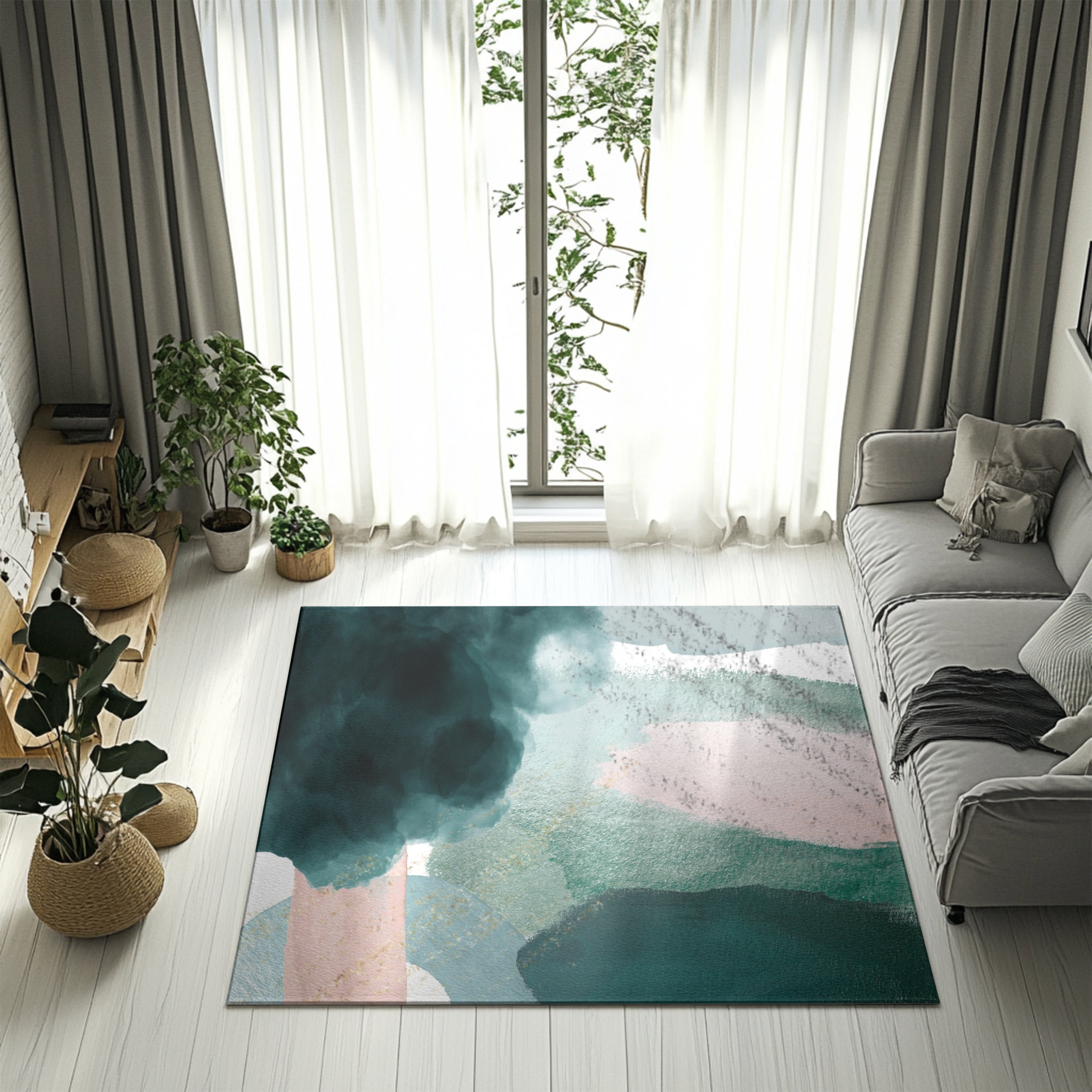 Modern living room with a colorful abstract rug, gray sofa, and plants.