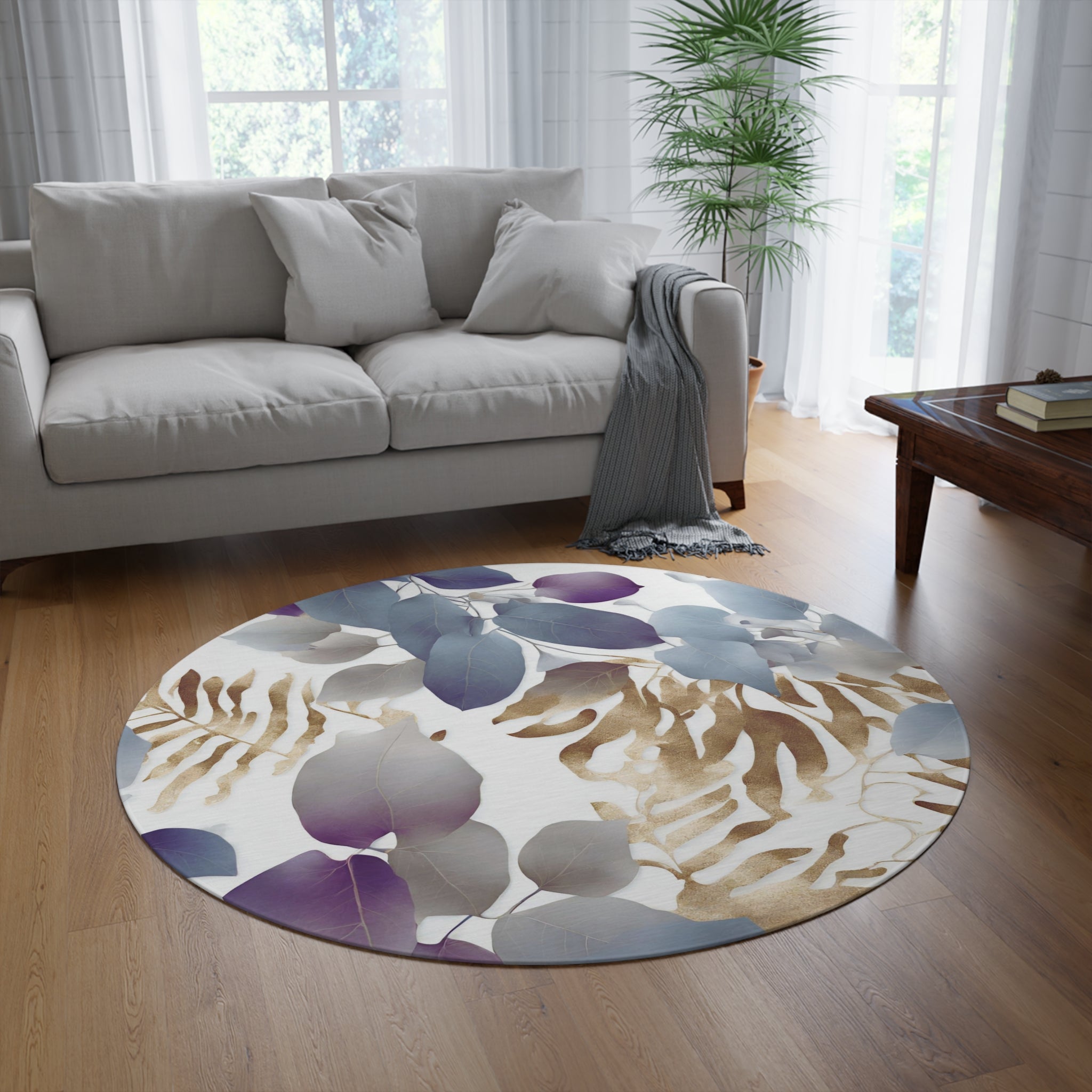 Floral Round Area Rug | Tropical Green Palm Leaves, White