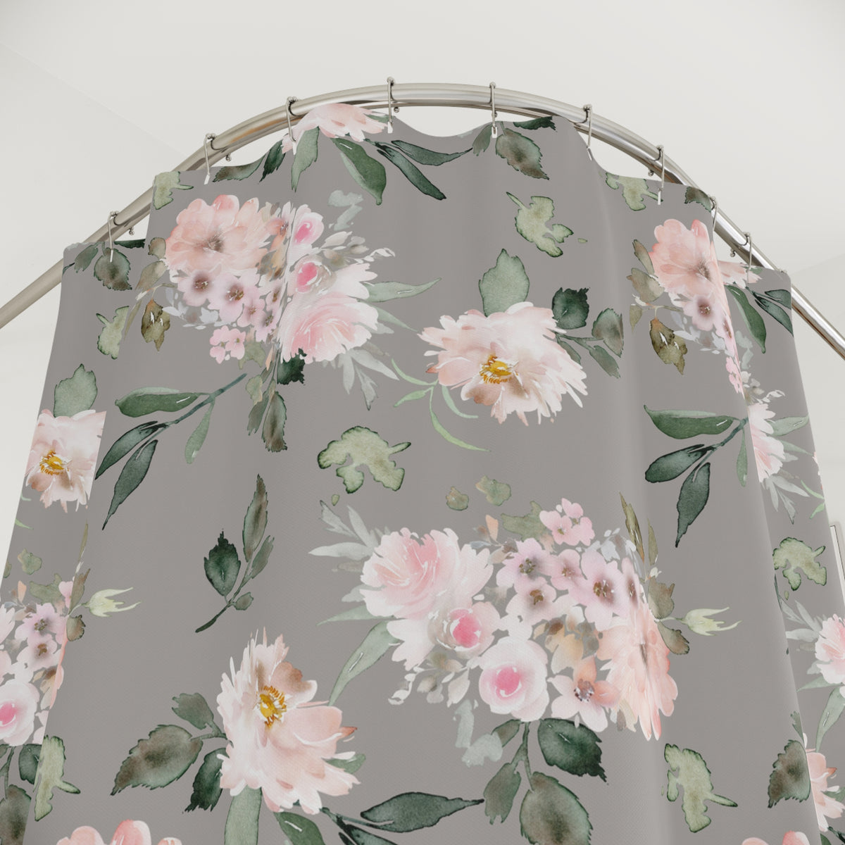 Blush Grey Watercolor Peony Shower Curtain, Bath Curtain 71x74