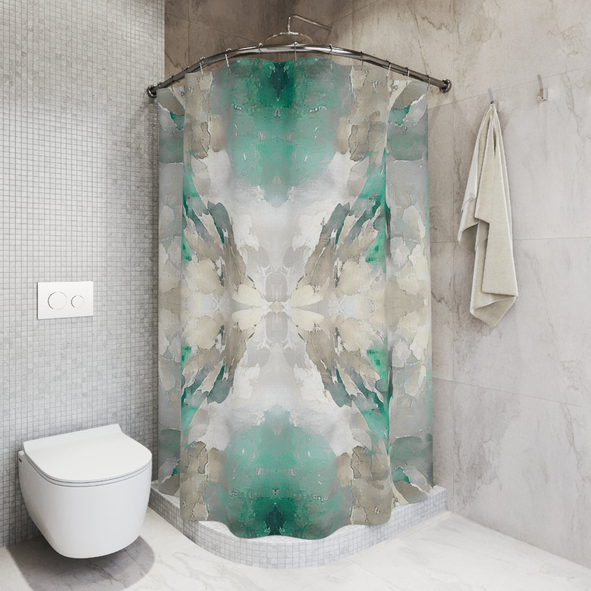 a modern bathroom with a shower curtain featuring a colorful abstract pattern in shades of green and gray. The shower is positioned next to a toilet, and there is a towel hanging on the wall.