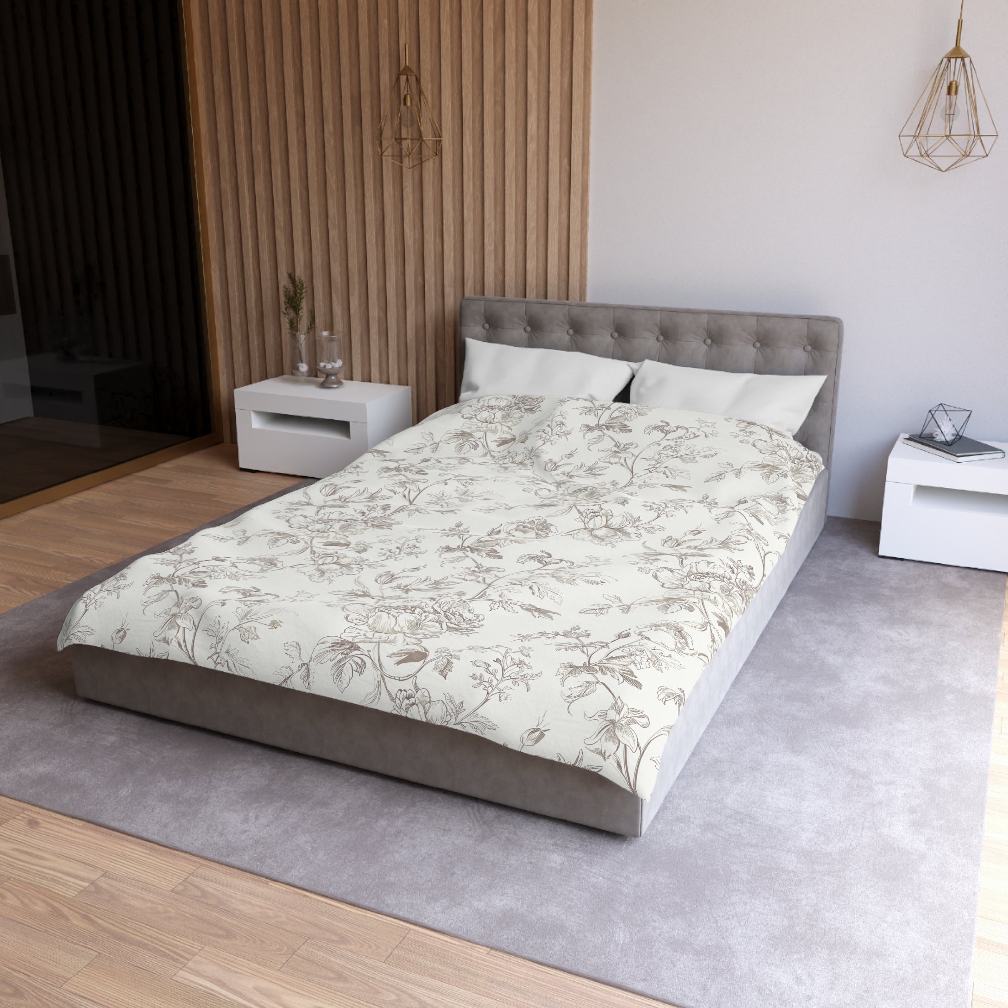 a modern bedroom with a large bed, white nightstands, and a wooden wall. The bed has a floral print comforter and pillows, and the room has a neutral color scheme with a gray carpet and white walls.