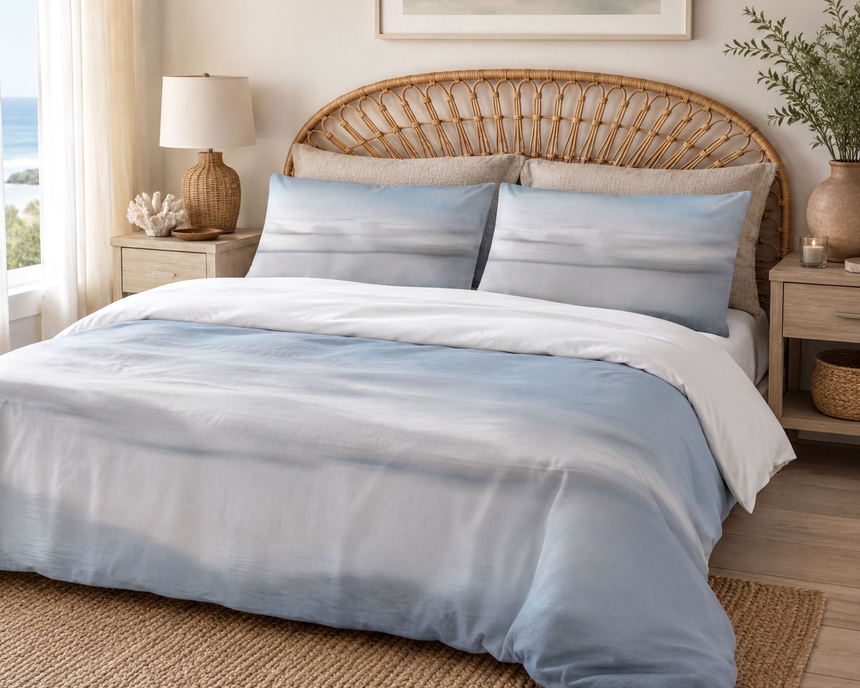 a cozy bedroom with a large bed featuring a blue and white comforter and matching pillows. The bed is framed by a wicker headboard, and there are two nightstands on either side of the bed. One nightstand has a lamp and a vase with flowers, while the other has a lamp and a plant. The room also features a window that provides natural light and a rug on the floor.
