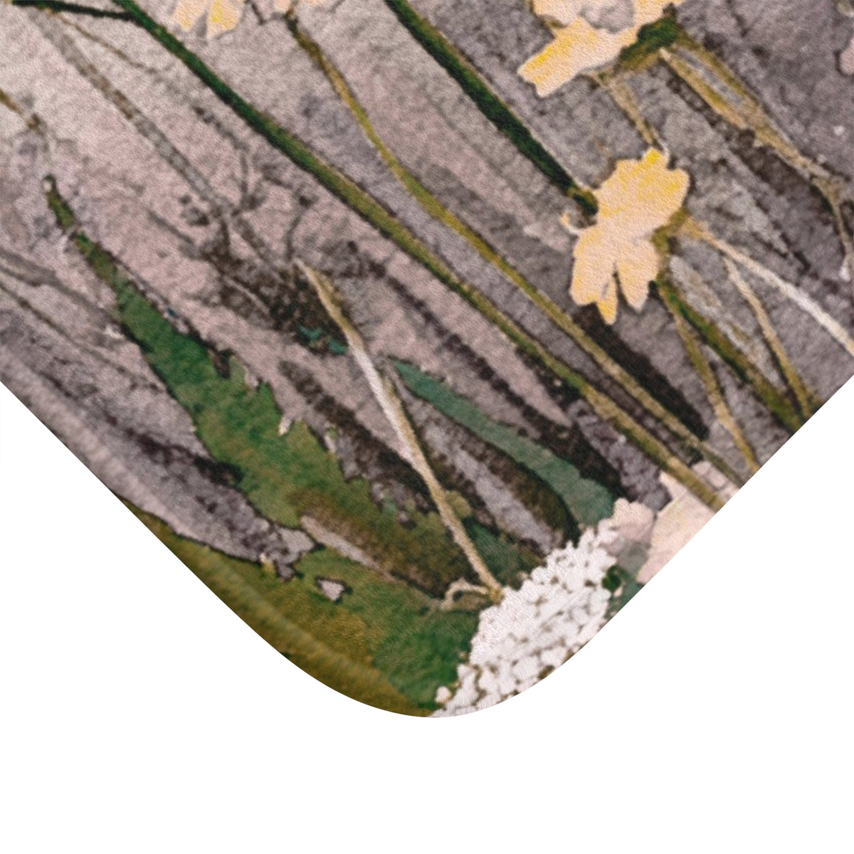 The image is a close-up of a textured surface with a pattern of green and white elements, including small white flowers or leaves.
