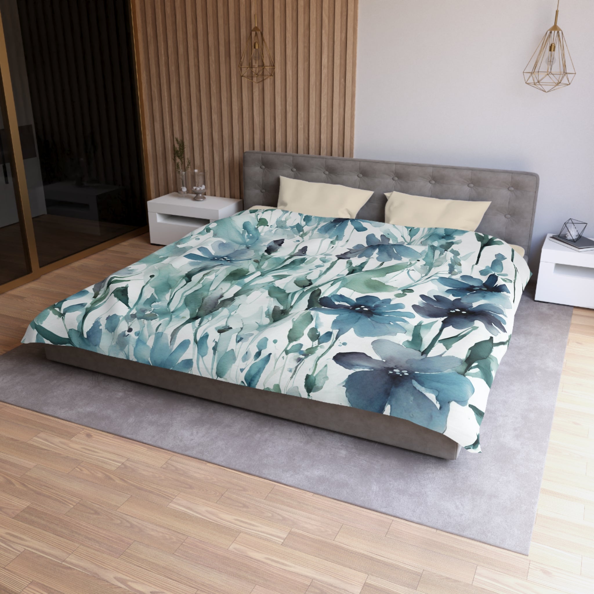 Blue, green and white wildflower floral duvet cover shown in a styled bedroom