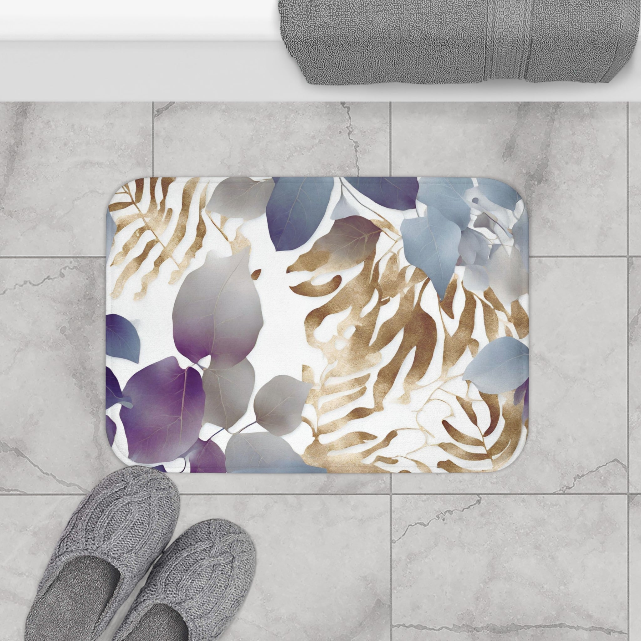 Floral Bath, Kitchen Mat | Tropical Eucalyptus Leaves, Blue Purple White