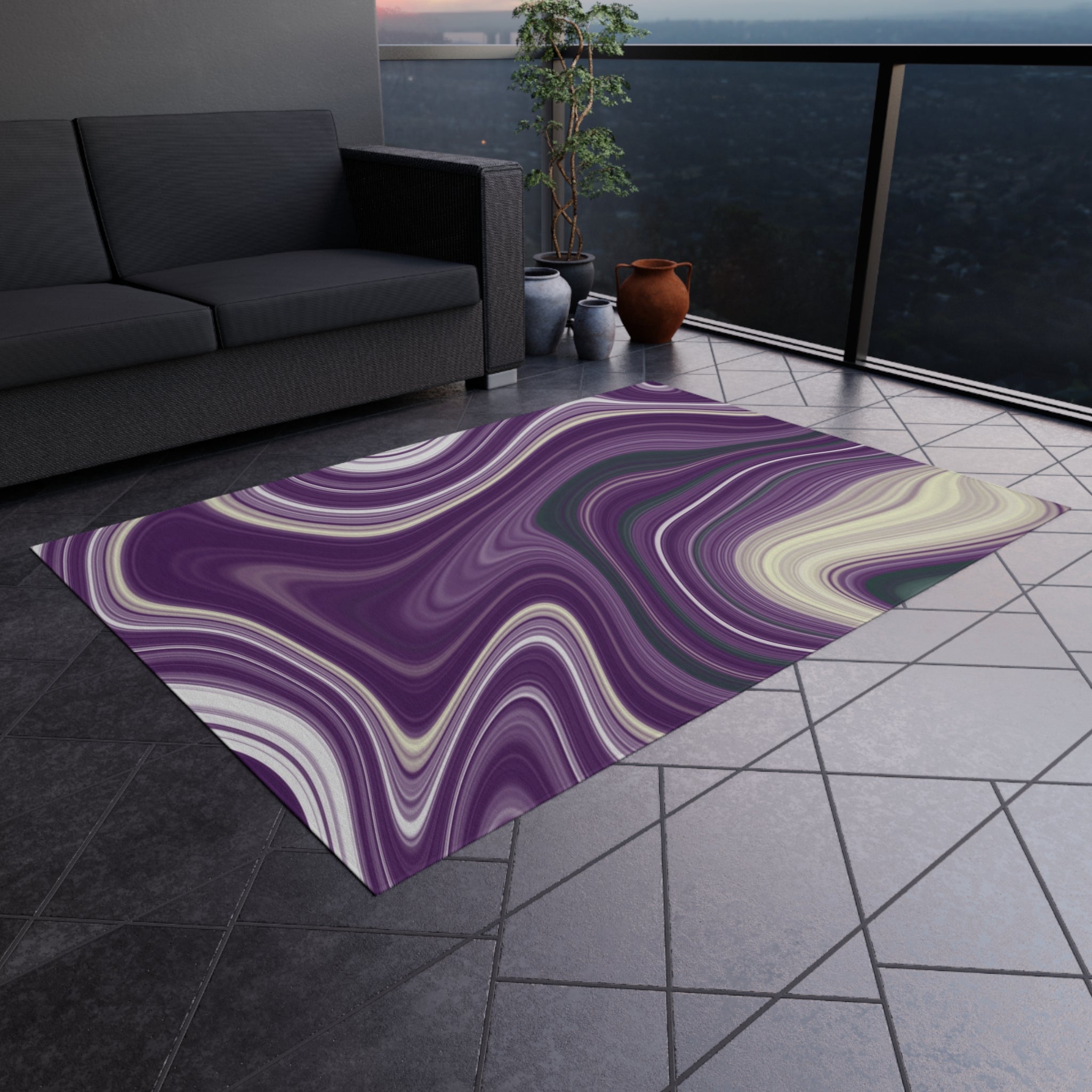 Abstract Outdoor Rug | Colorful Purple Green White Marble