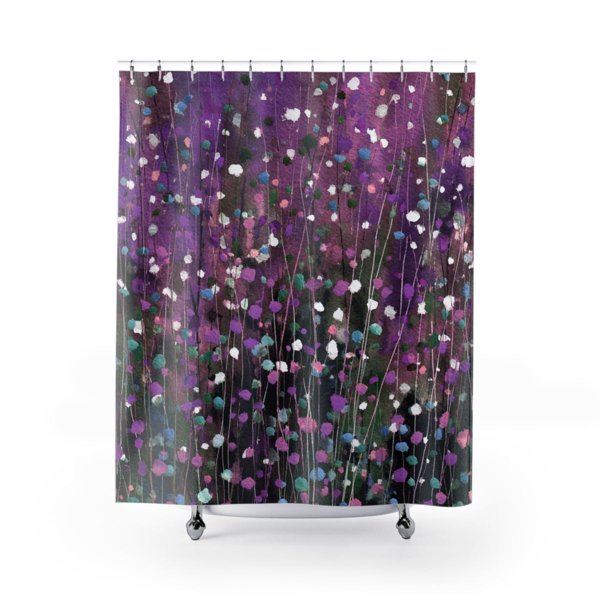 a shower curtain with a vibrant purple and green abstract floral pattern.