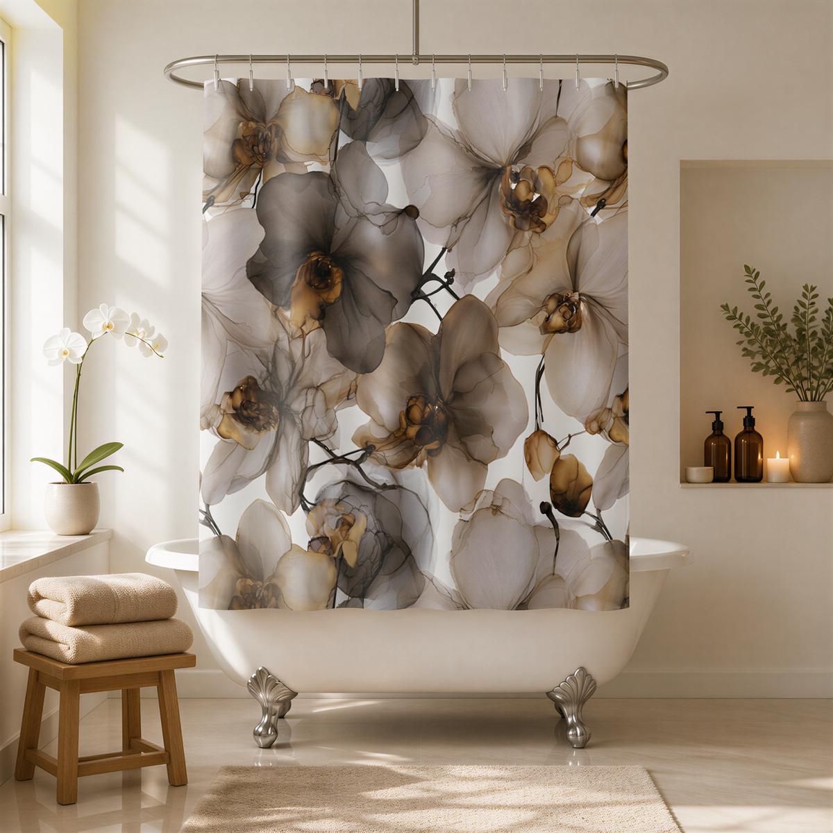 a bathroom with a white bathtub, a floral shower curtain, and a wooden stool.