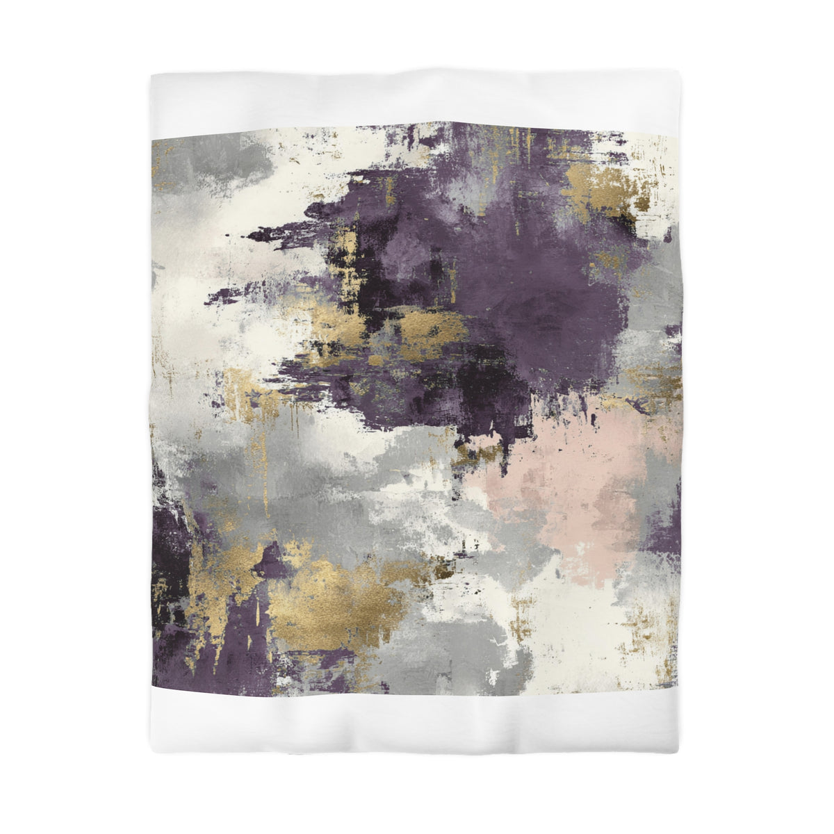 The image is an abstract painting with a mix of purple, gray, and gold colors. The painting has a textured and expressive appearance, with brushstrokes and splatters creating a dynamic and visually interesting composition.