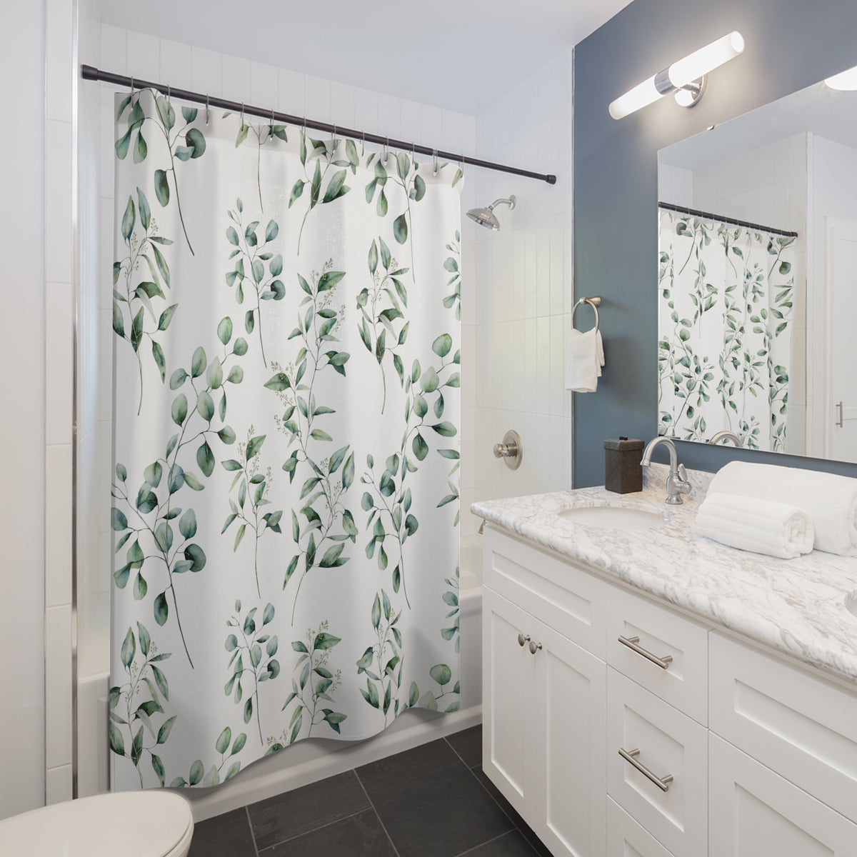 Sage Green Watercolor Sprig Shower Curtain, Bath Curtain 71x74