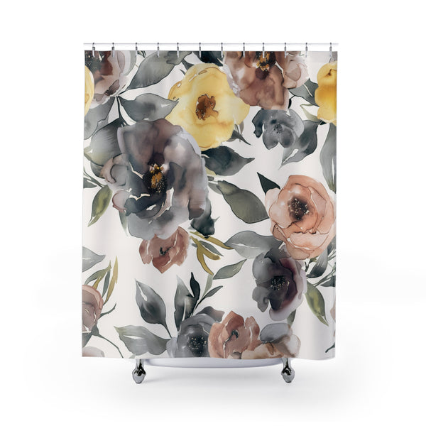 Boho Shower Curtain | Floral Grey, Peach Yellow Roses Bath Curtain