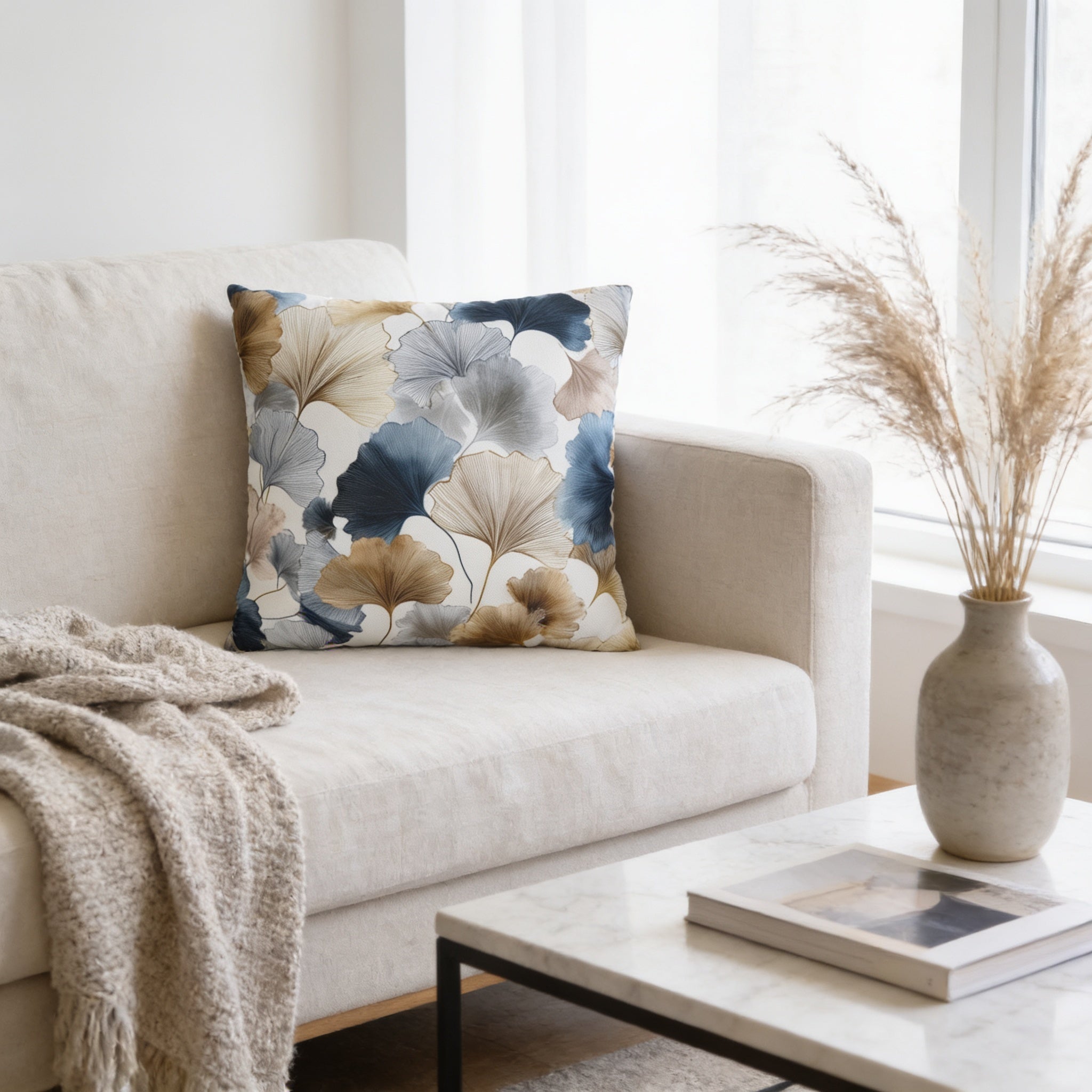 a cozy living room with a beige sofa, a decorative throw pillow with a leaf pattern, a white vase with dried flowers, and a marble coffee table with a book on it.