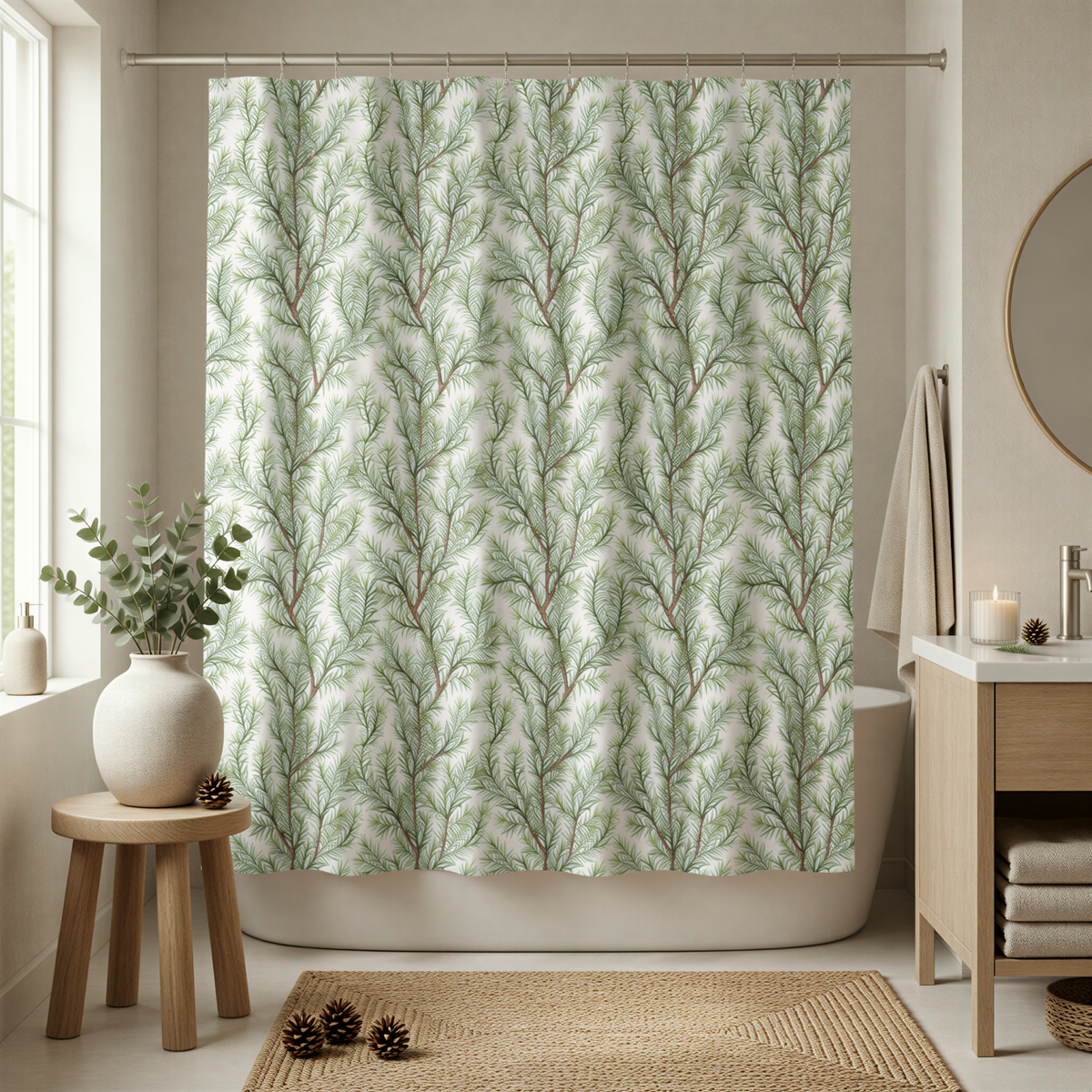 a bathroom with a shower curtain featuring a pine tree pattern. The bathroom is well-decorated with a wooden stool, a vase of pine branches, and a rug on the floor.