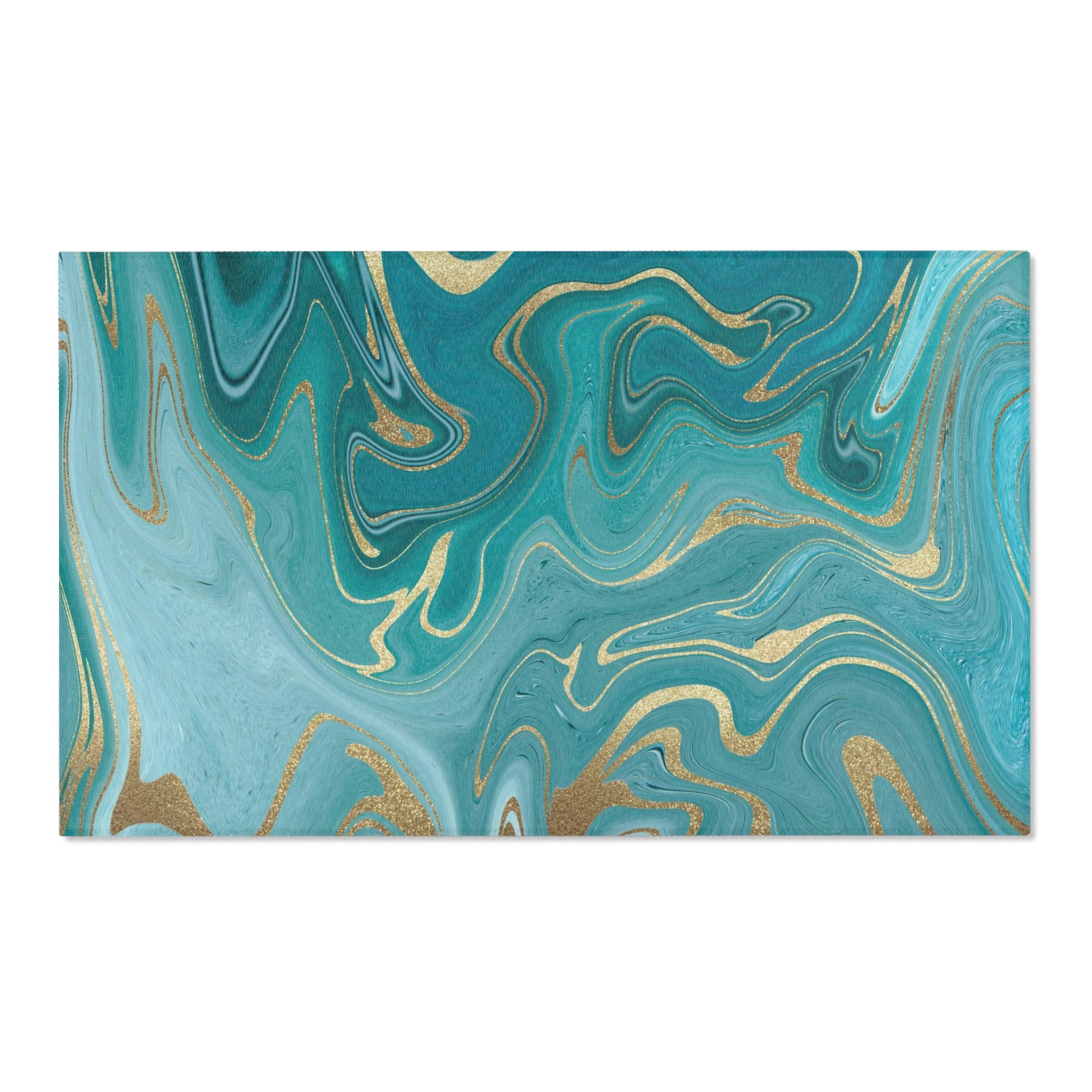 Abstract Large Area Rug | Teal Green Blue, Gold Beige Liquid Ink