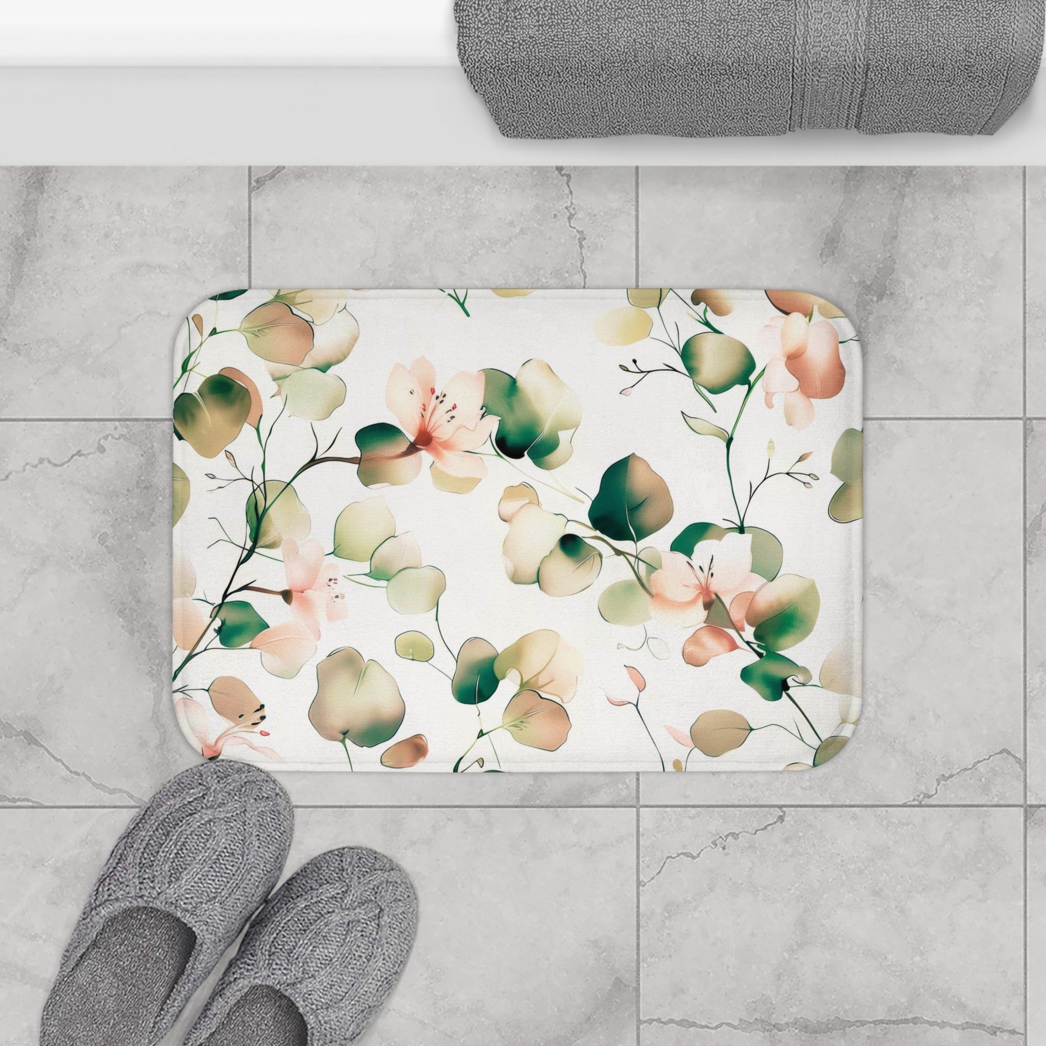 Boho Bath, Kitchen Mat | Floral, Sage Green, Blush Pink, White