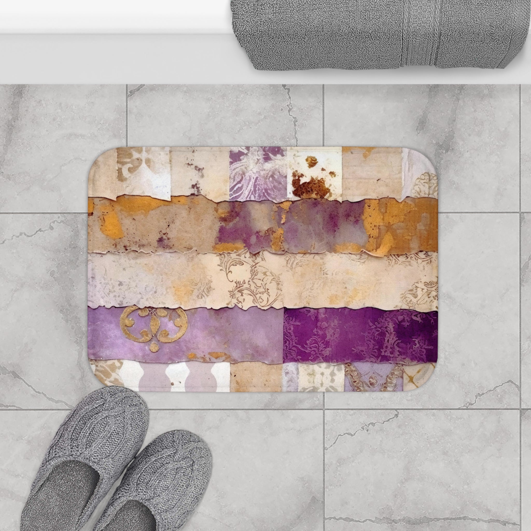 Boho Bath Mat, Kitchen | Bohemian Lilac Purple, Beige