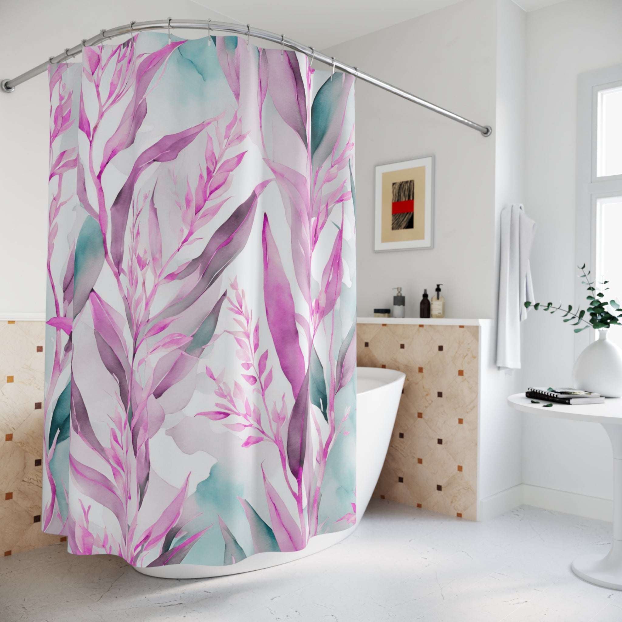 Boho Shower Curtain | Colorful Pink, Teal Green Leaves