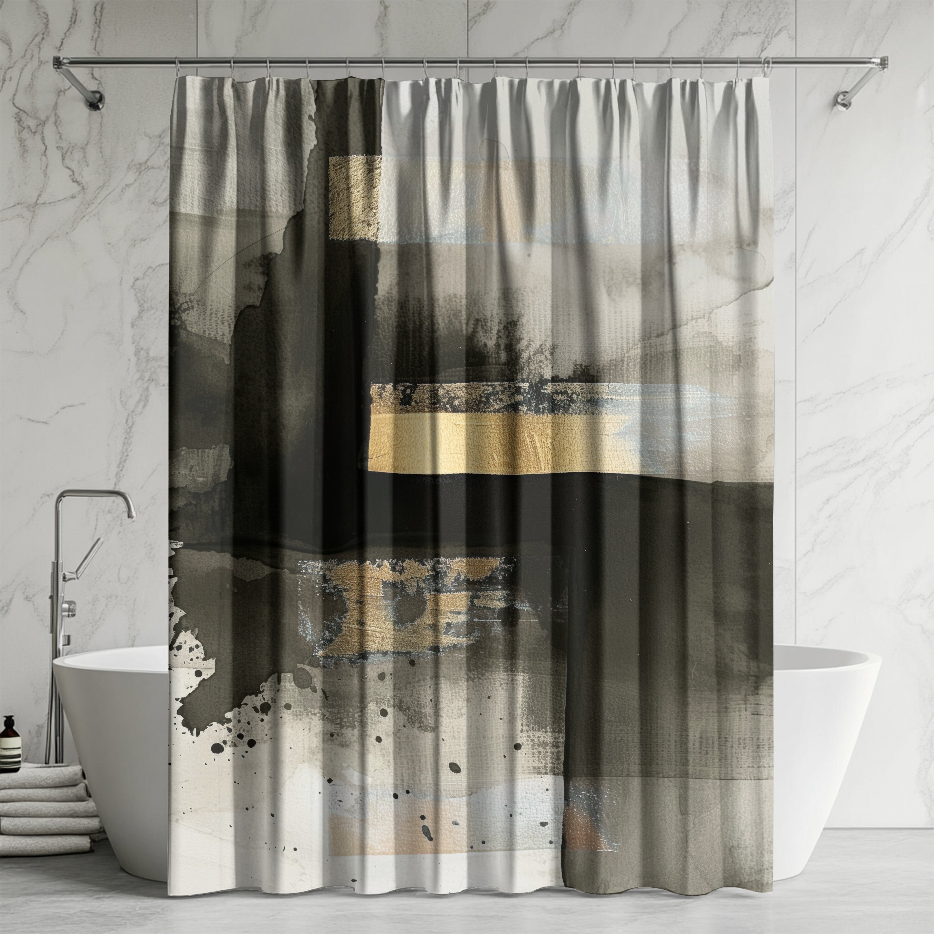a modern bathroom with a large abstract shower curtain featuring a black and white color scheme with splashes of gold and gray. The shower curtain is hanging from a rod above a white bathtub, creating a stylish and contemporary look.