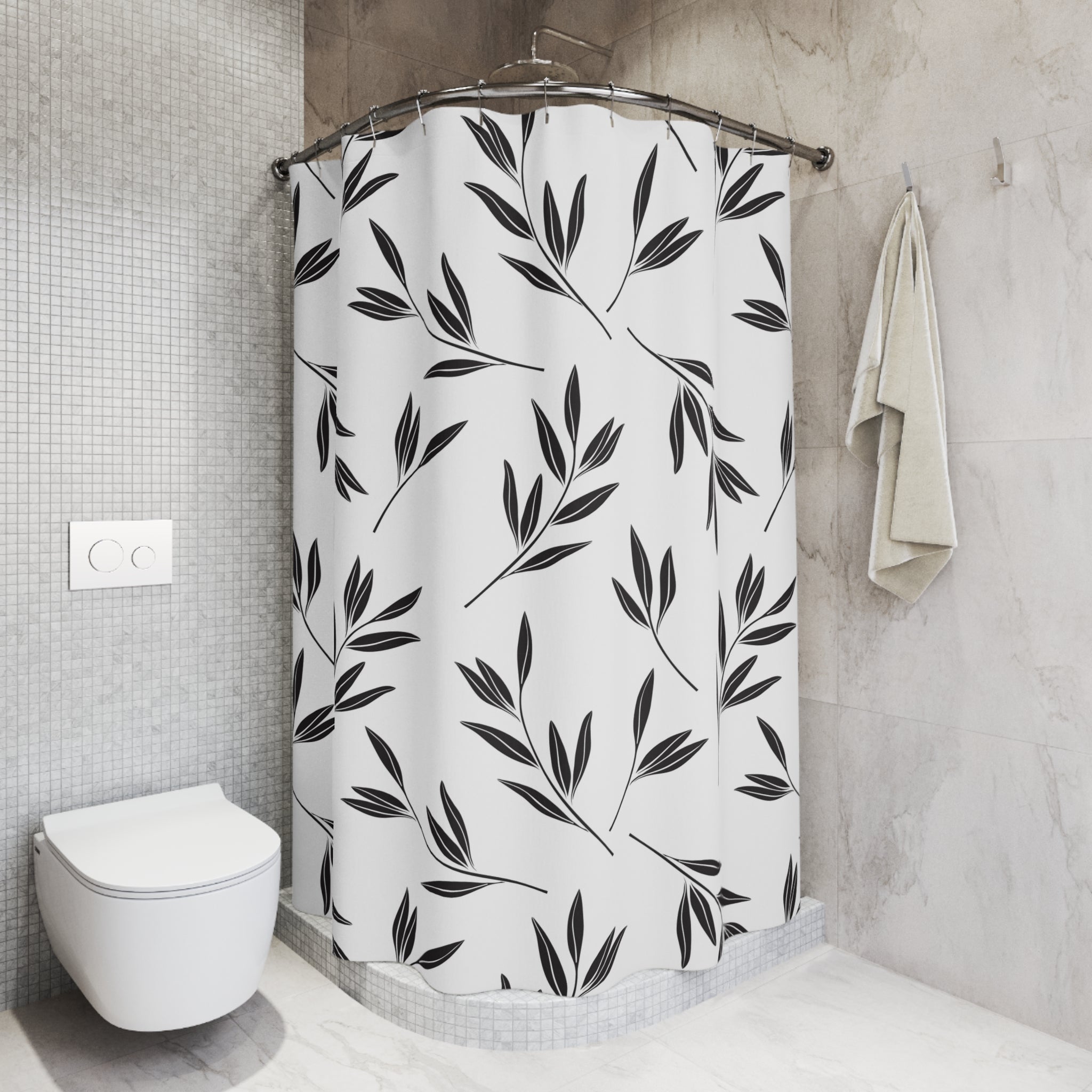 Black and White Botanical Shower Curtain, Flowy Polyester Bath Curtain 71x74