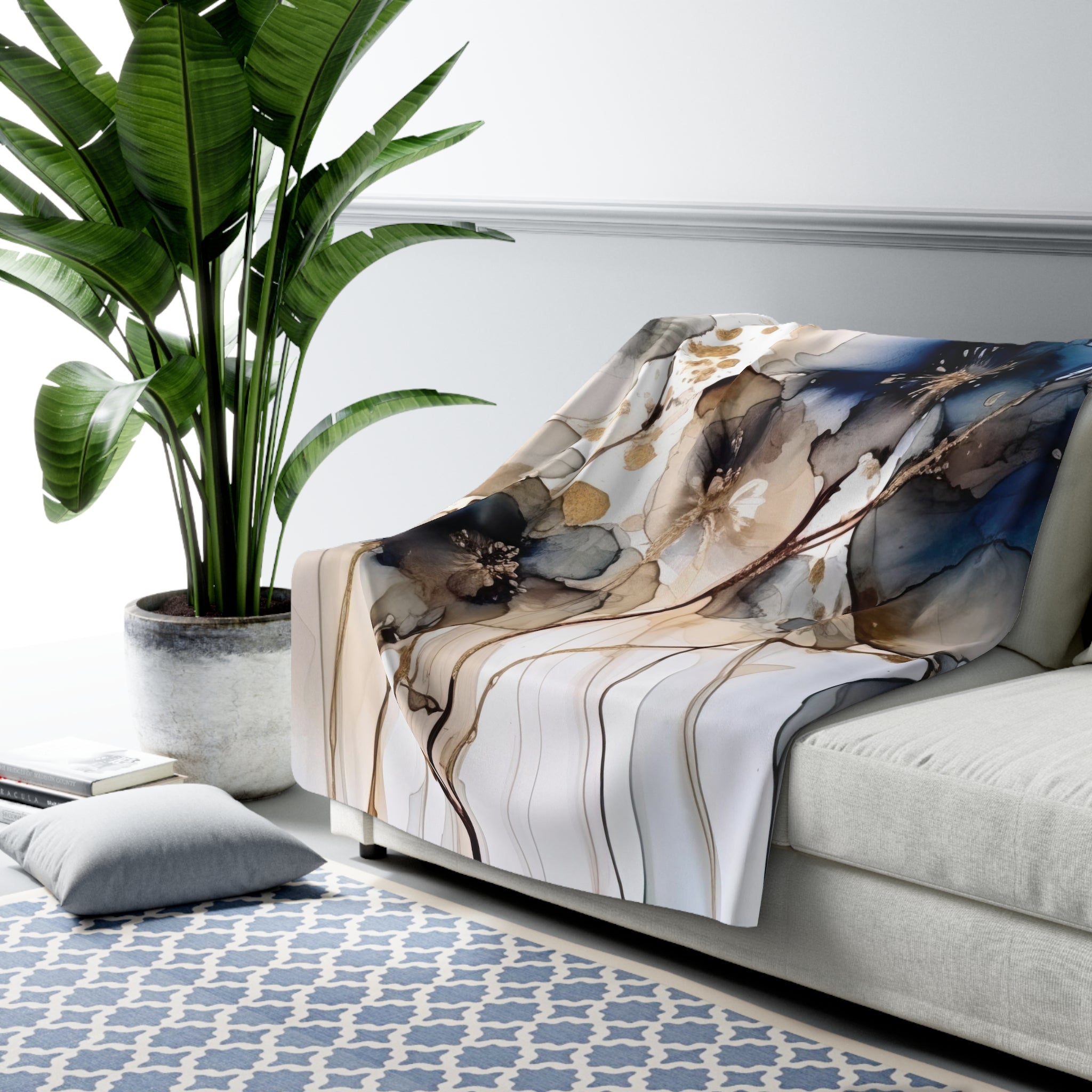 Cozy Comfy, Abstract Blanket | Floral Navy Blue, Beige Ombre