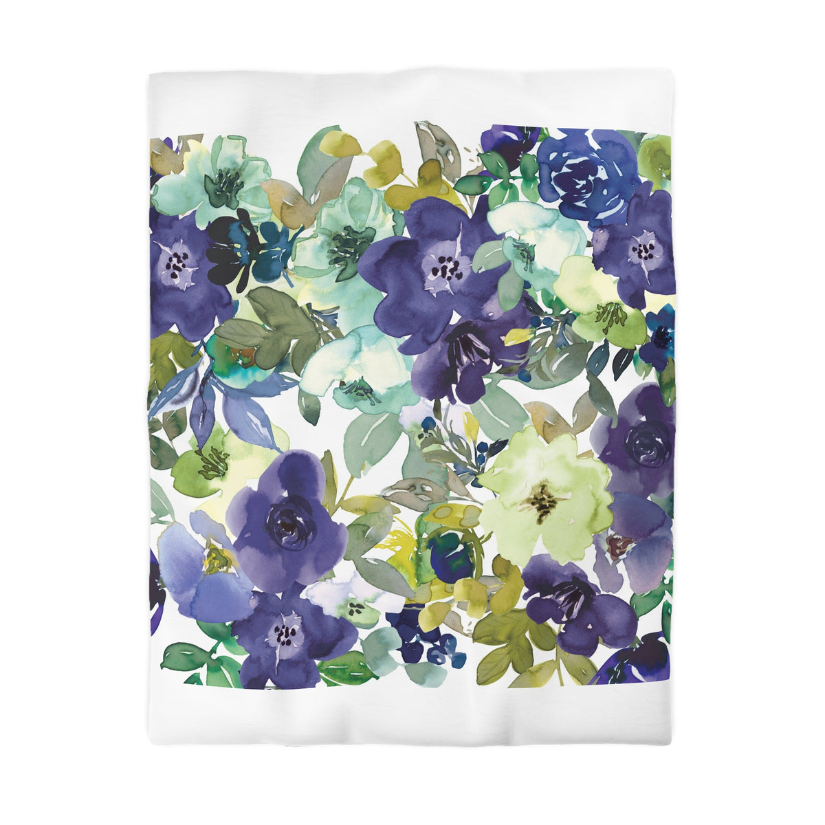 The image is a vibrant and colorful floral print featuring a variety of flowers in shades of blue, green, and purple.