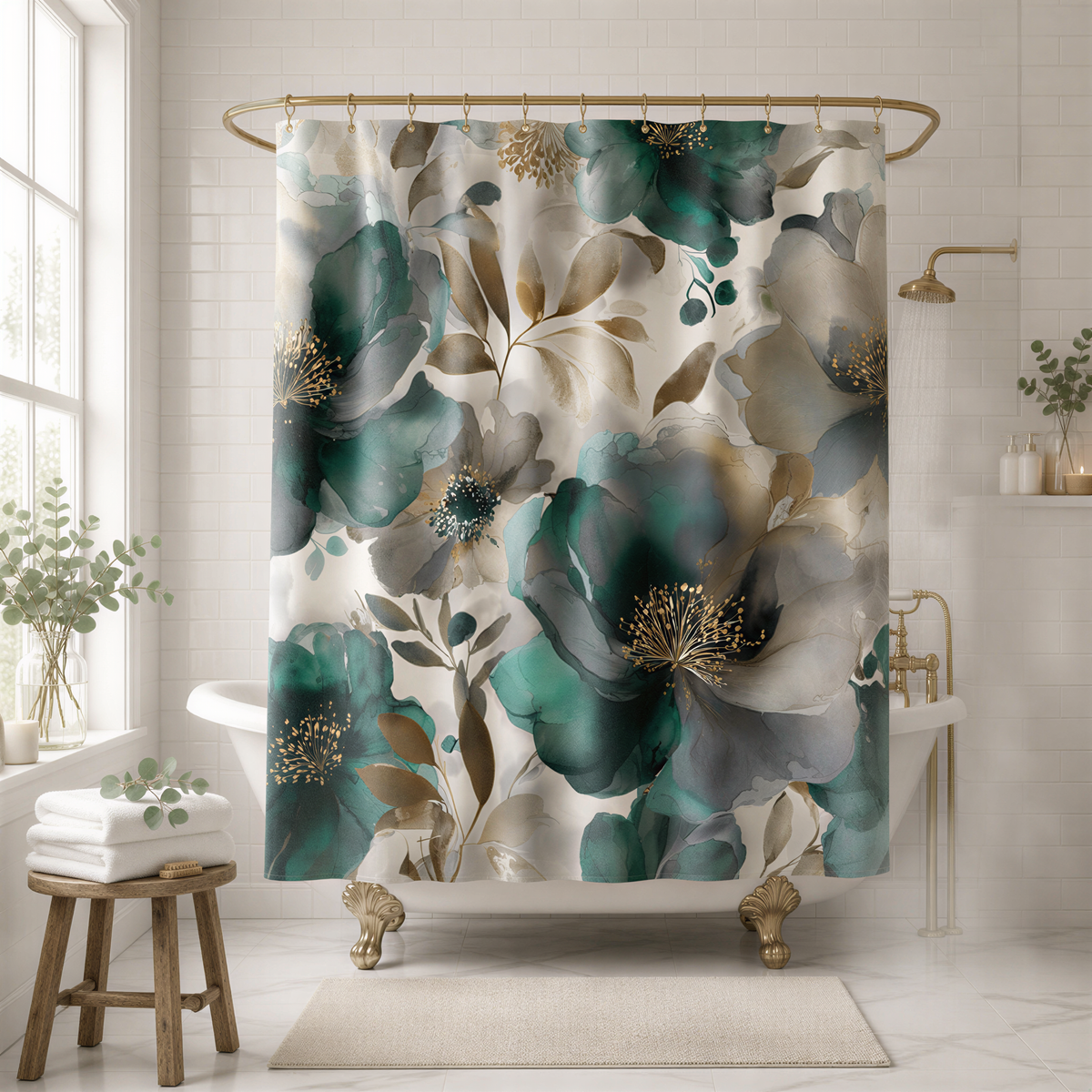 a bathroom with a white bathtub, a shower curtain with a floral pattern in shades of green and gold, and a wooden stool.
