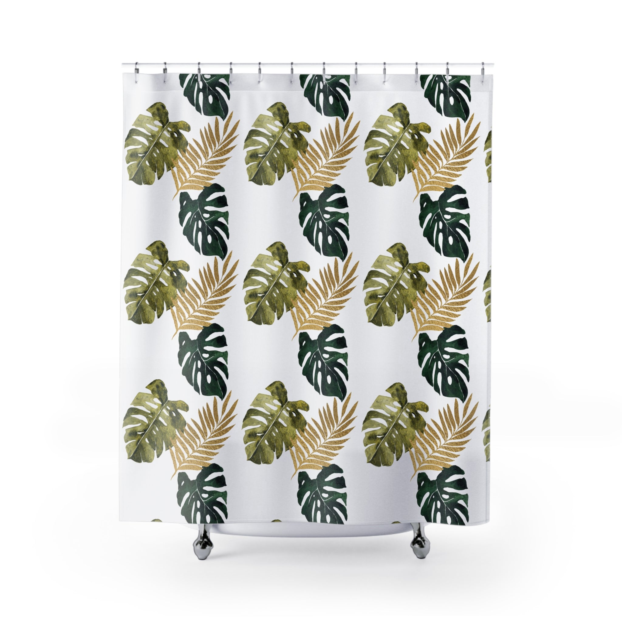 Boho Shower Curtain | Sage Green White Monster Leaves Fabric Curtain