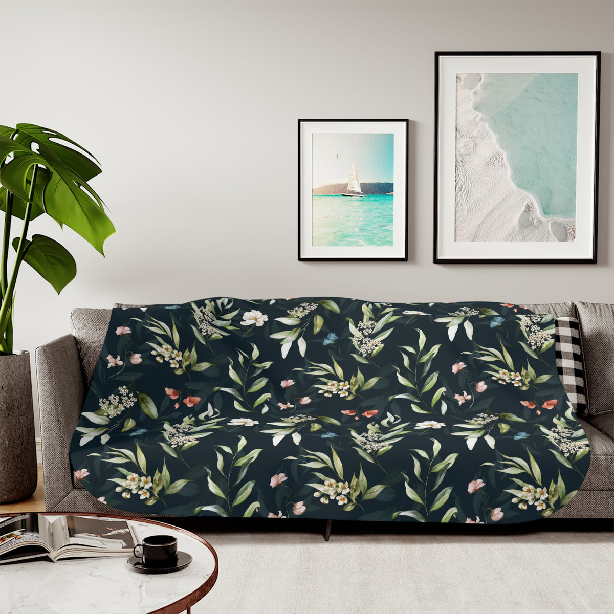 Navy Blue Wildflower Sherpa Blanket | Sage Coral Floral Throw