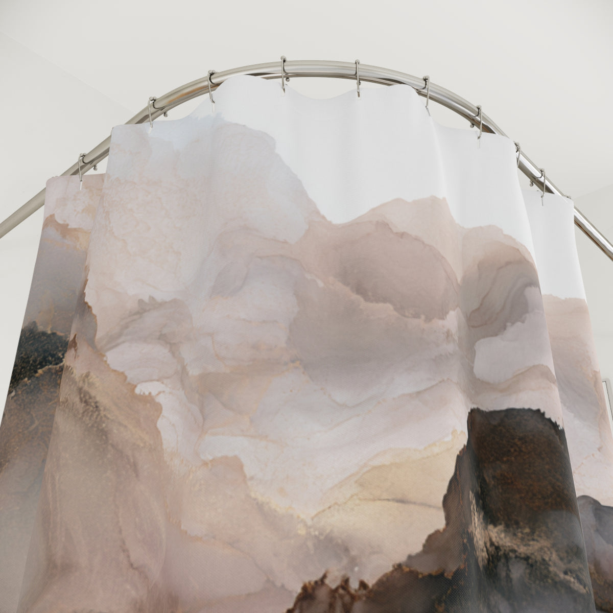a shower curtain with a large, abstract mountain landscape printed on it.