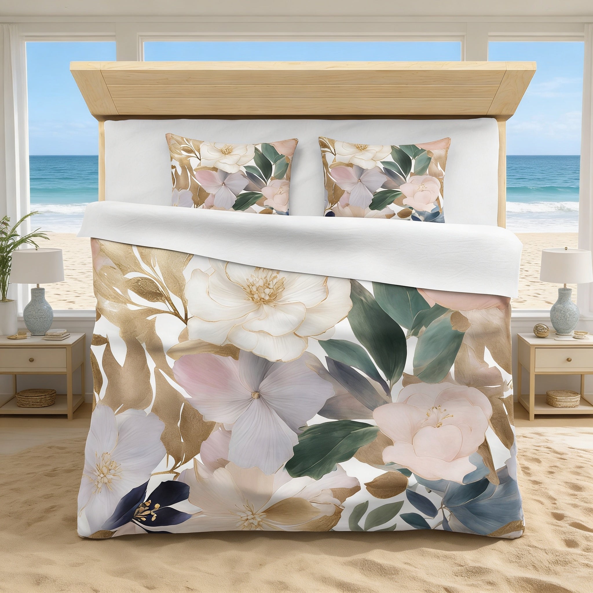 a bedroom with a large bed featuring a floral print comforter and pillows. The bed is positioned in front of a window overlooking a beach, creating a serene and relaxing atmosphere.