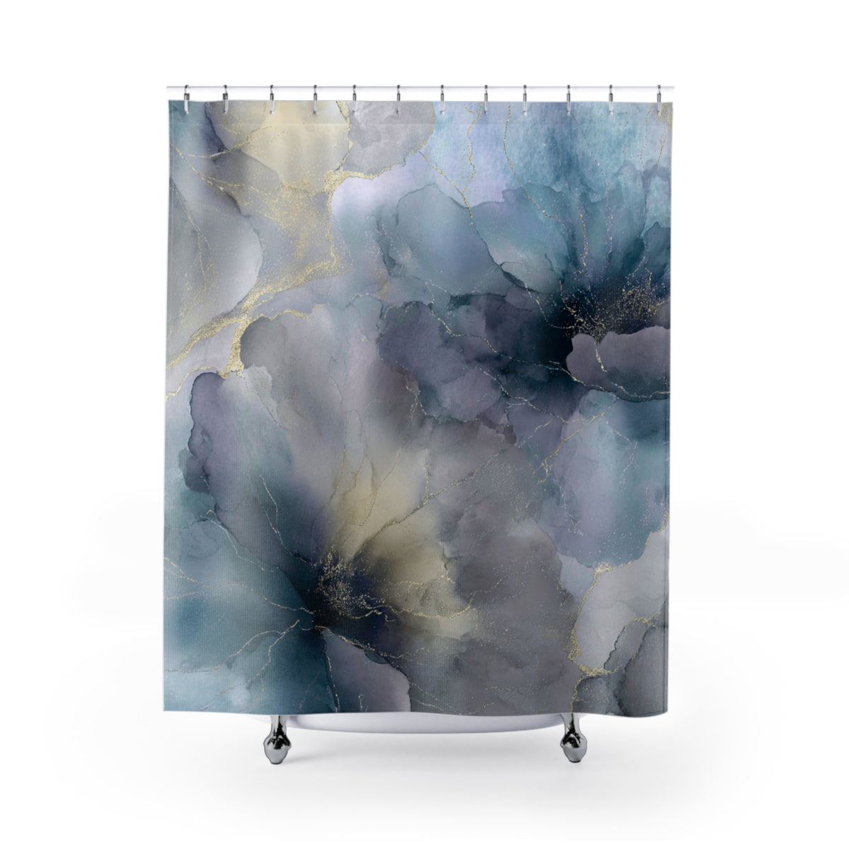 a shower curtain with a large abstract floral pattern in shades of blue, gray, and white. The pattern appears to be created using watercolor techniques, giving it a soft and ethereal appearance.