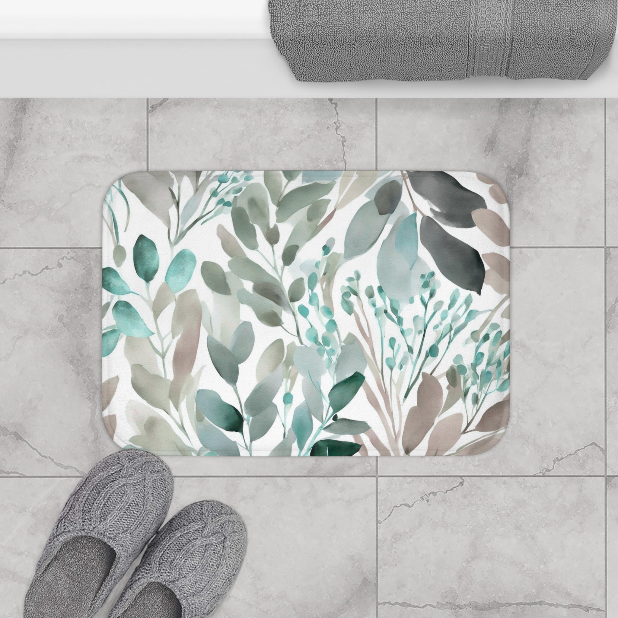 Floral Leaves Bath Mat | Watercolor Kitchen Mat