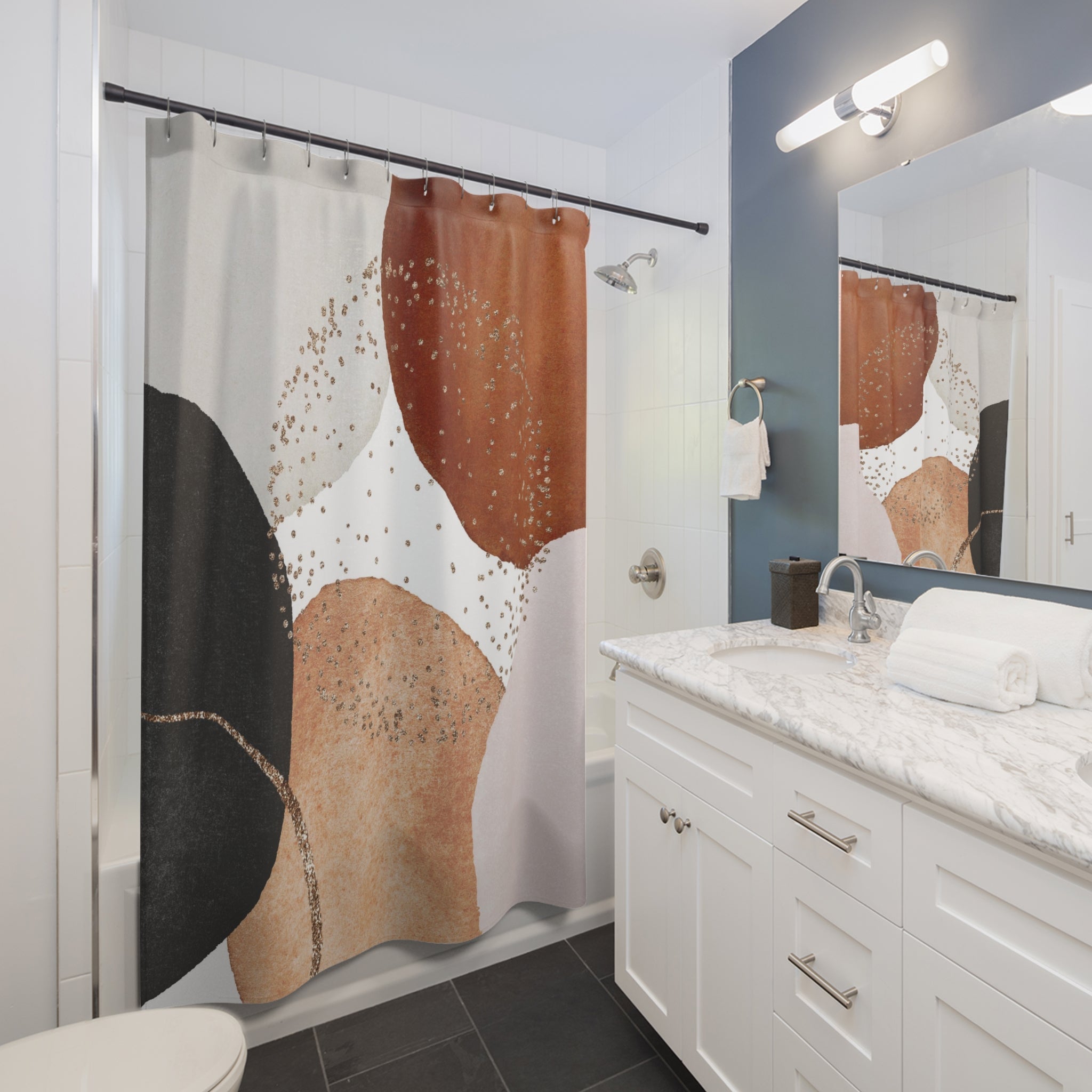 a bathroom with a shower curtain and a sink