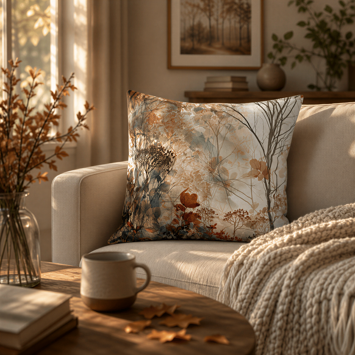 a cozy living room with a beige sofa, a coffee table with a mug and a book, and a decorative pillow with a nature-inspired design.