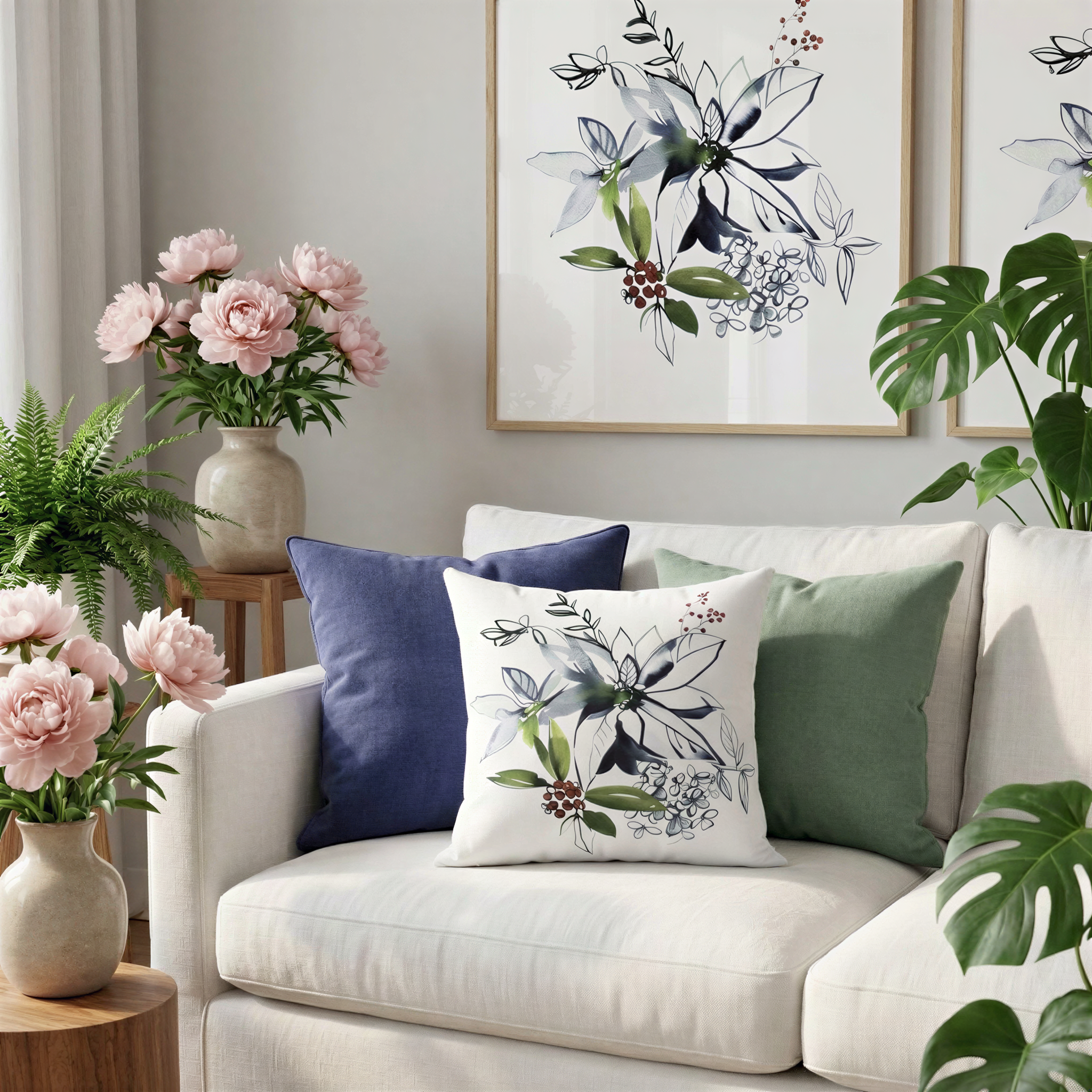a cozy living room with a white sofa adorned with colorful throw pillows, a vase of pink flowers, and a framed floral artwork on the wall.