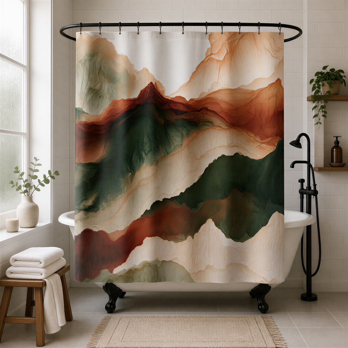 a bathroom with a large, colorful abstract painting hanging above a white bathtub. The painting features a mountain landscape with various shades of green, orange, and brown. The bathroom also includes a wooden stool, a potted plant, and a black shower head.