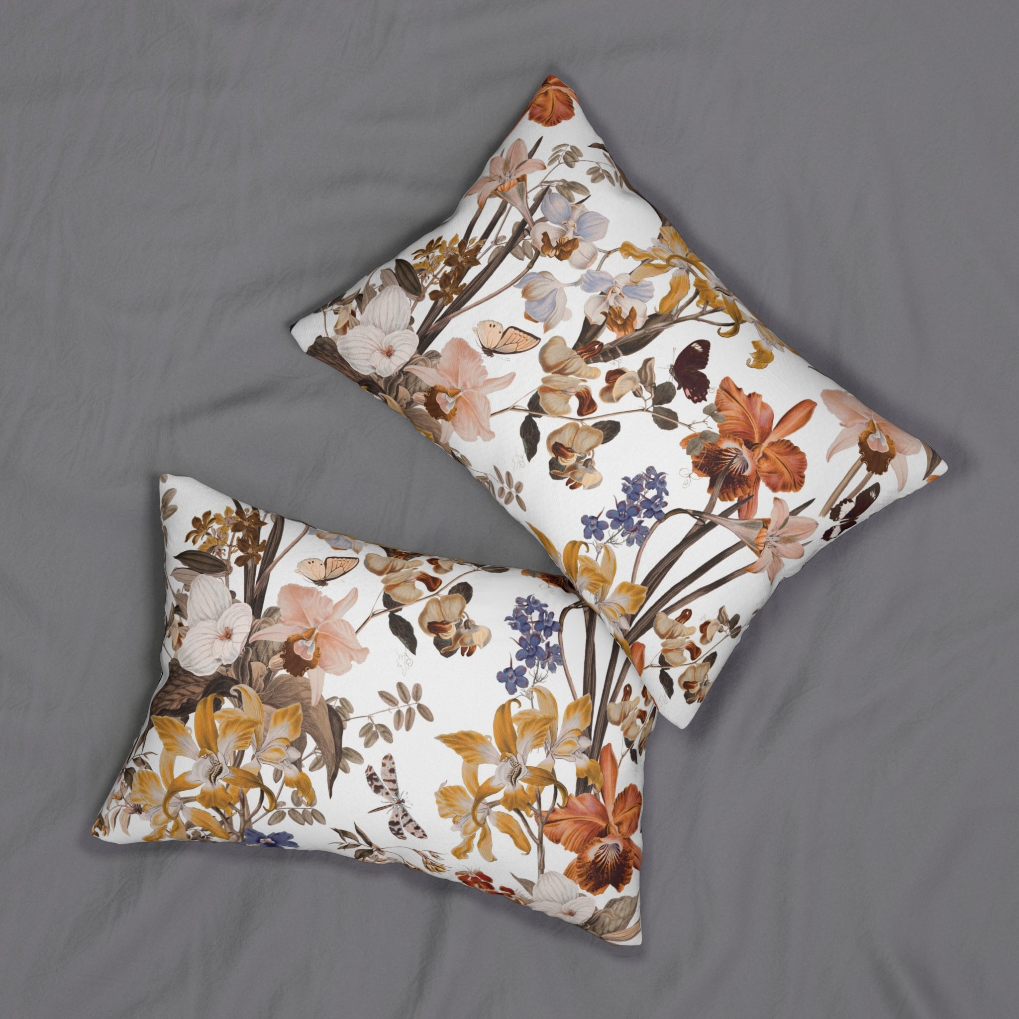 Tropical Floral Lumbar Pillow | Jungle Orchids White Yellow Orage Taupe