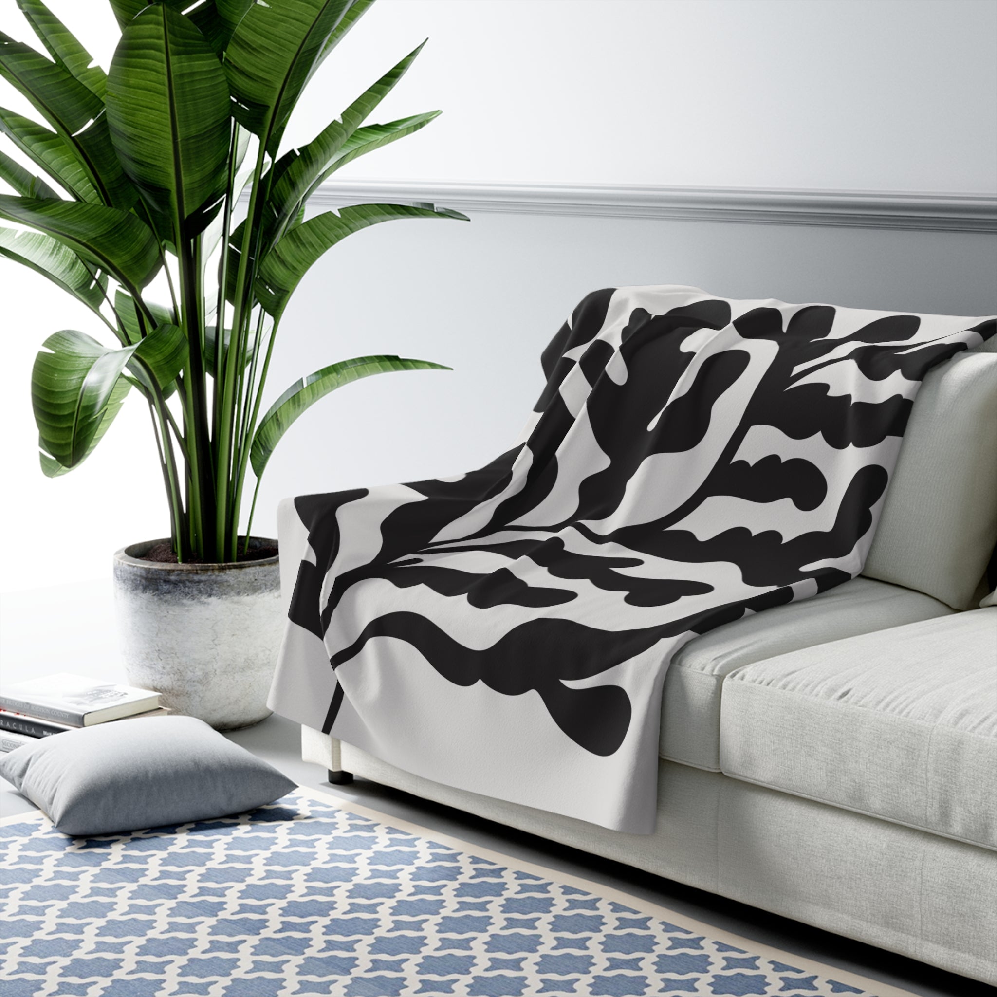 Abstract Boho Couch, Fleece Throw Blanket | Black Grey Leaves