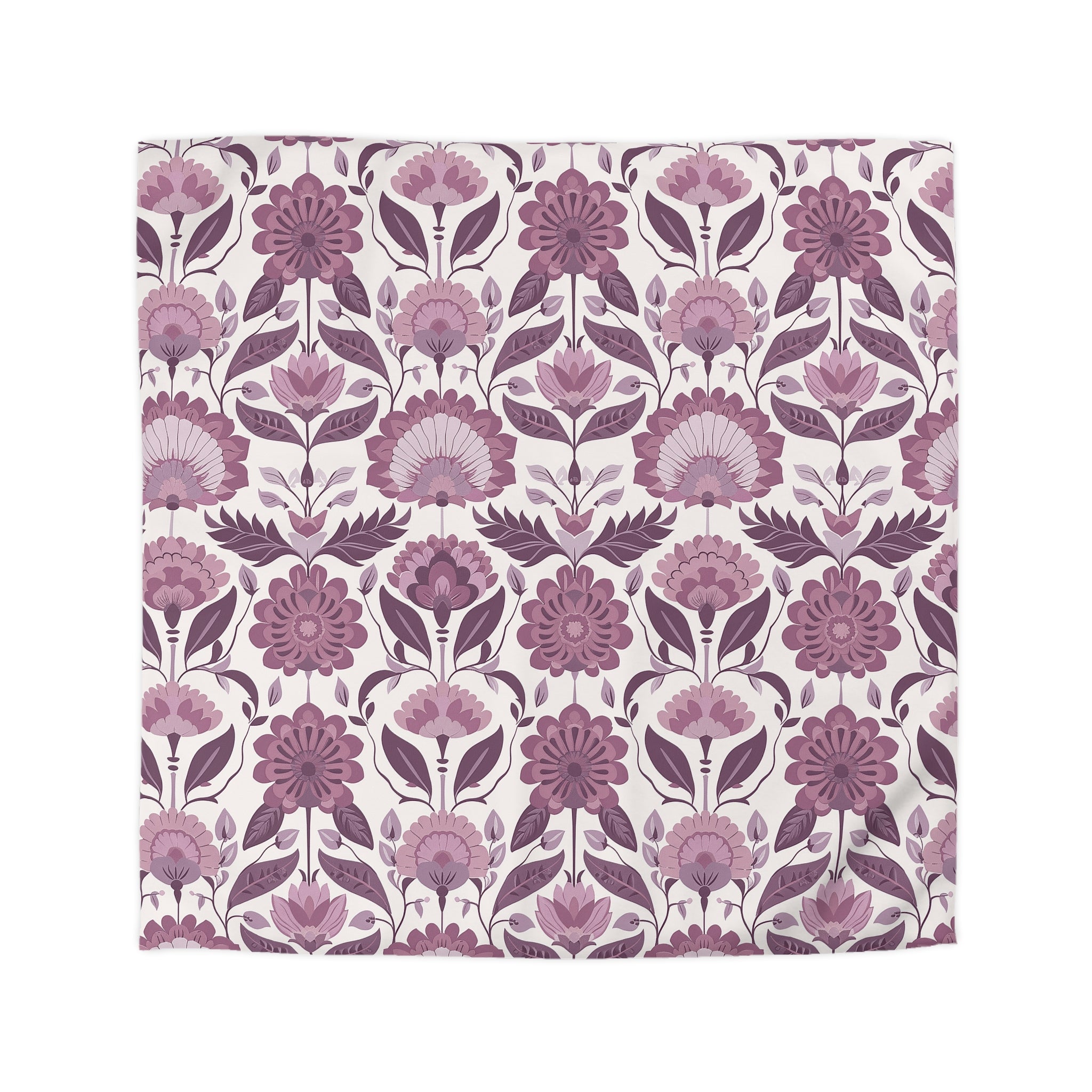 a repeating pattern of purple flowers and leaves on a white background.