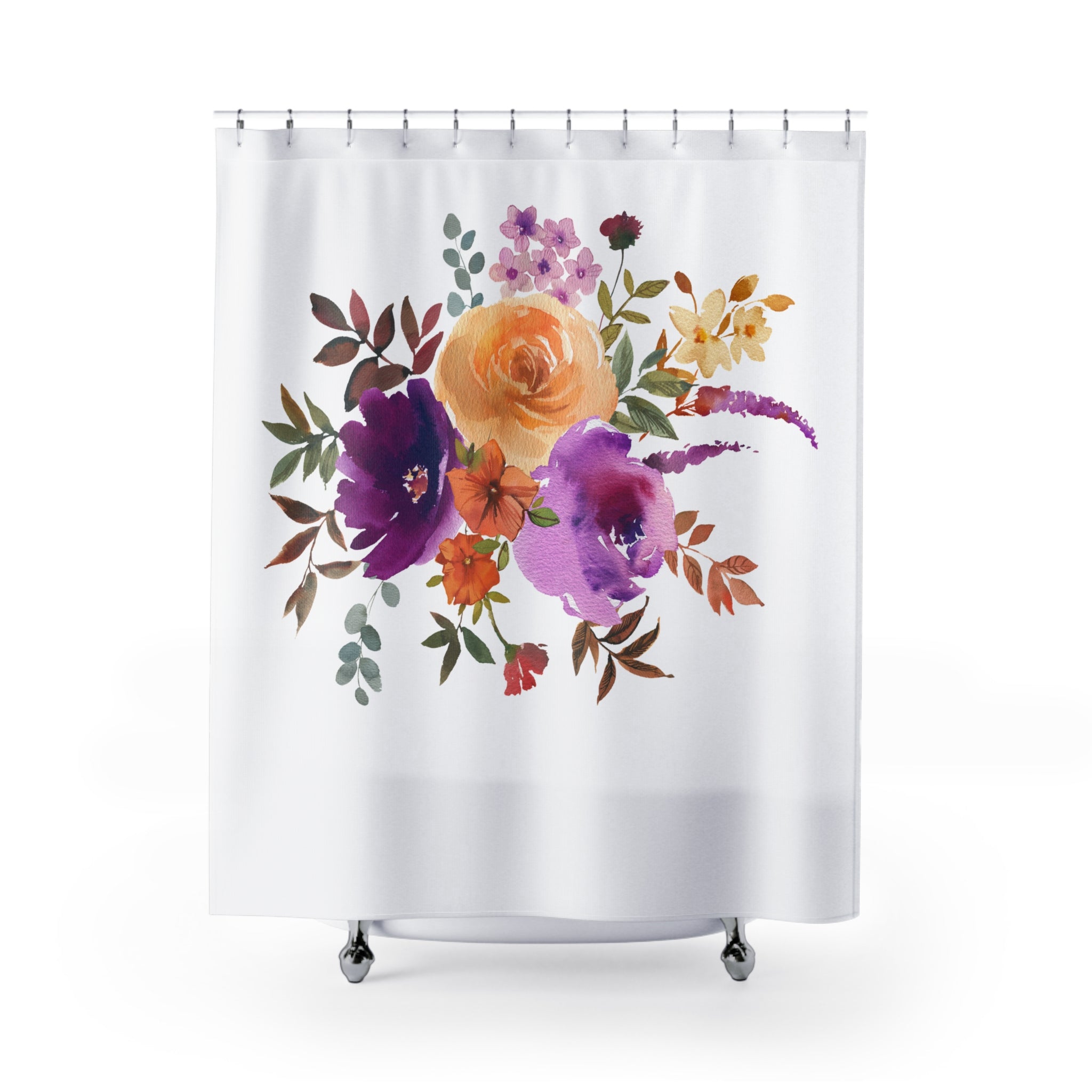 Modern Floral Shower Curtain | Purple and Orange Botanical