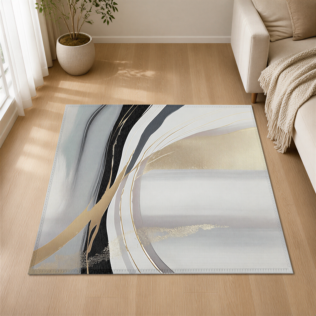 a modern living room with a large abstract rug on the wooden floor. The rug has a geometric design with a mix of white, gray, and black colors, and gold accents. A white couch is positioned against the wall, and a potted plant is visible in the background.
