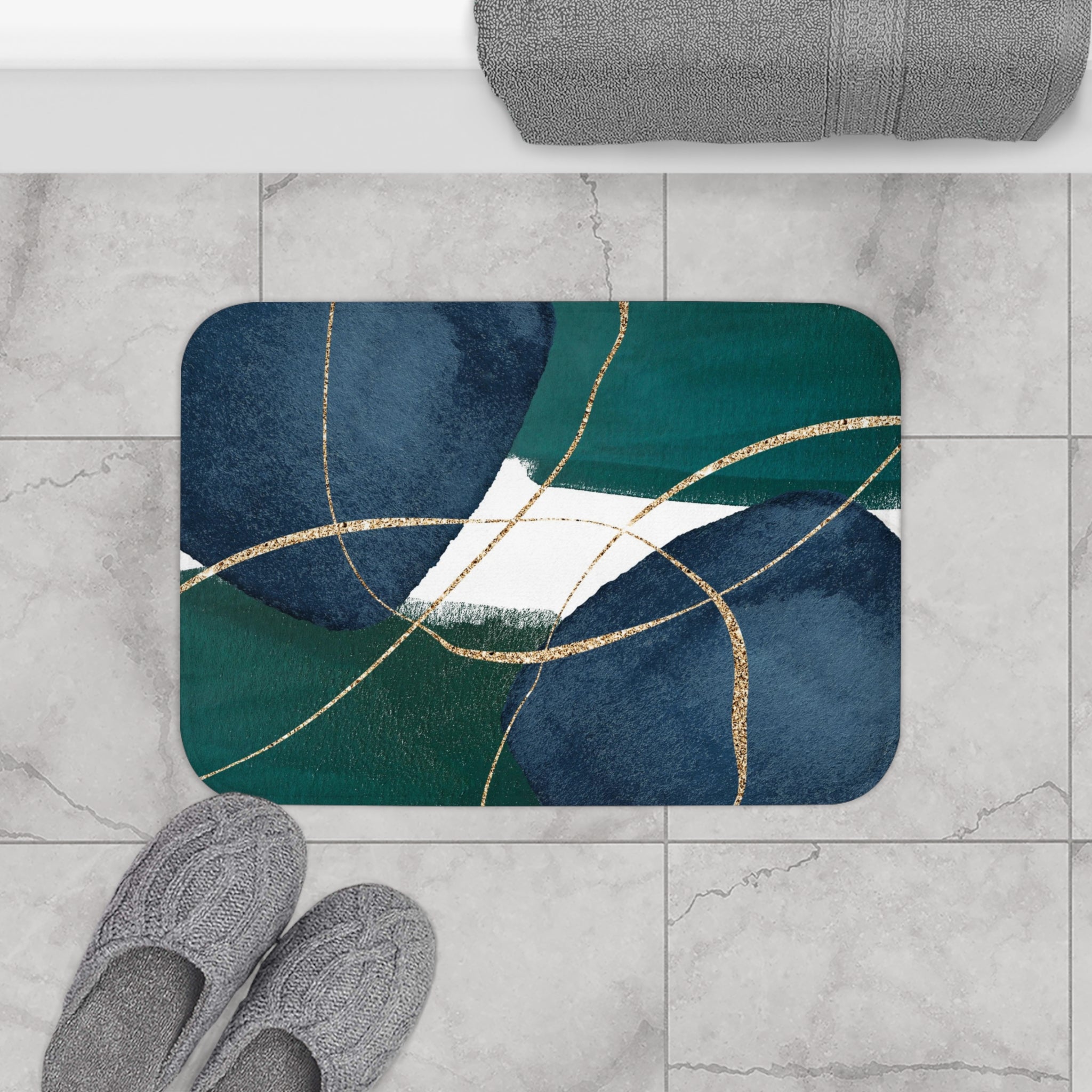 Abstract Bath, Kitchen Mat, Rug | Dark Green, Navy Blue Beige