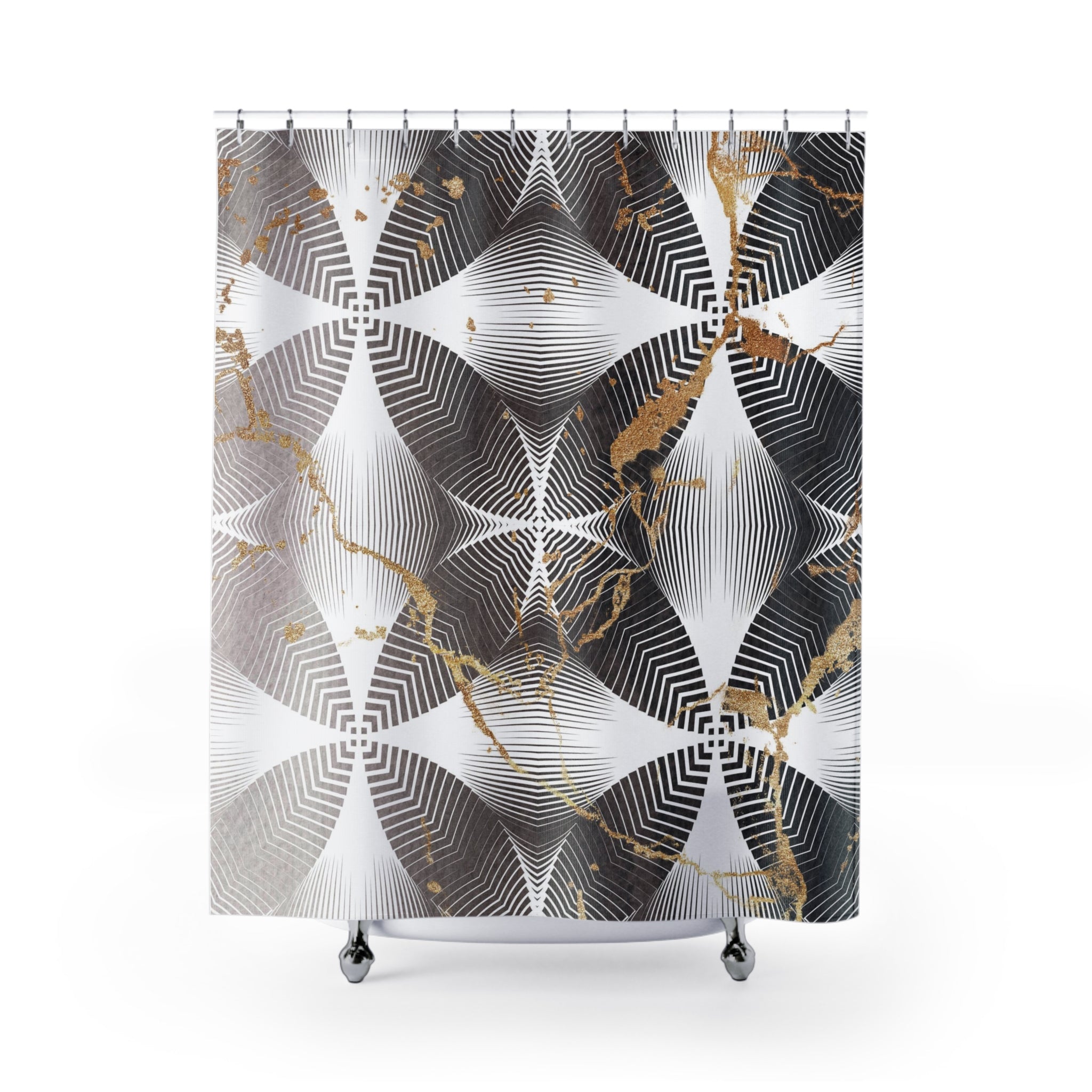 a shower curtain with a black and white pattern