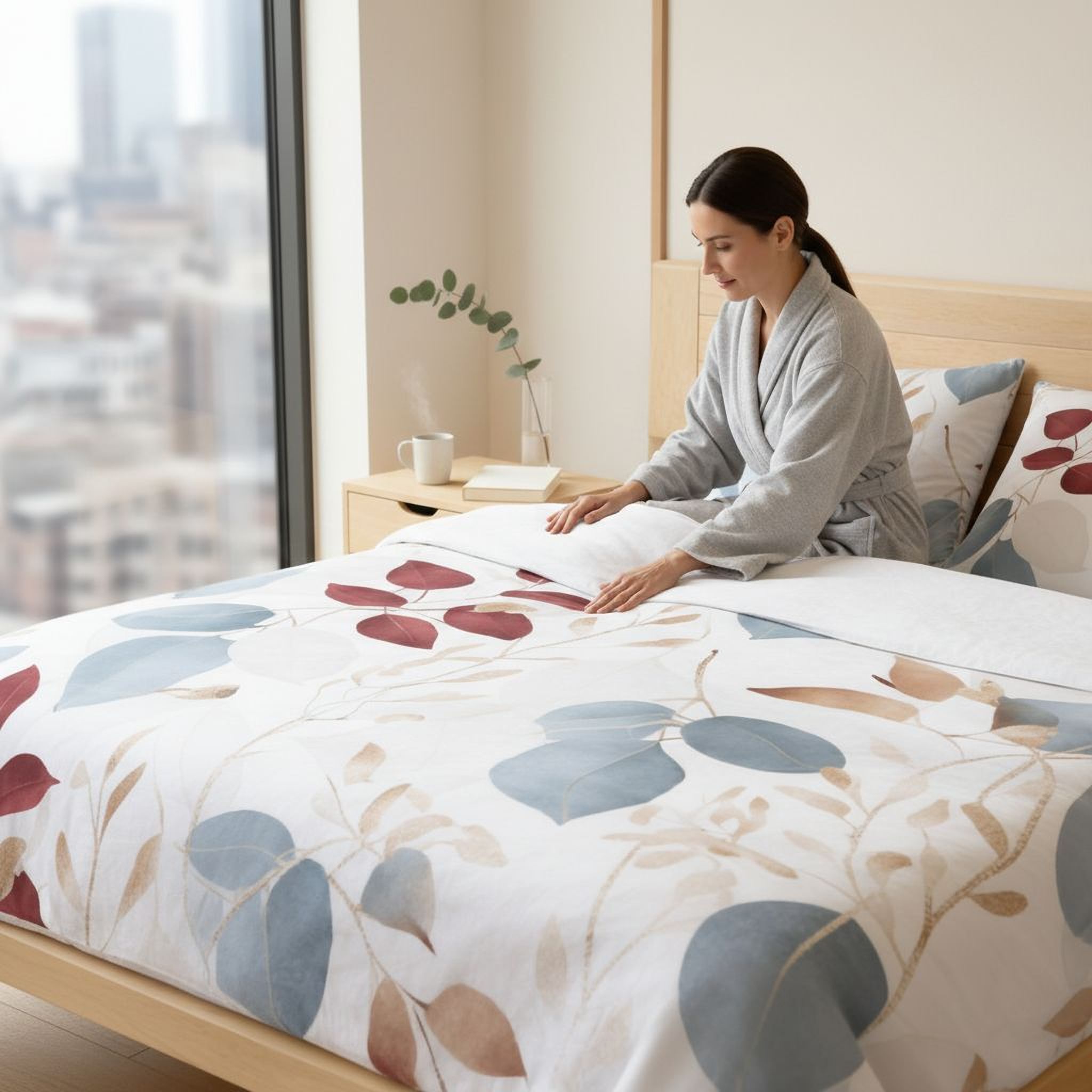 A woman in a gray robe is sitting on a bed with a white and blue floral comforter, looking down at her hands.