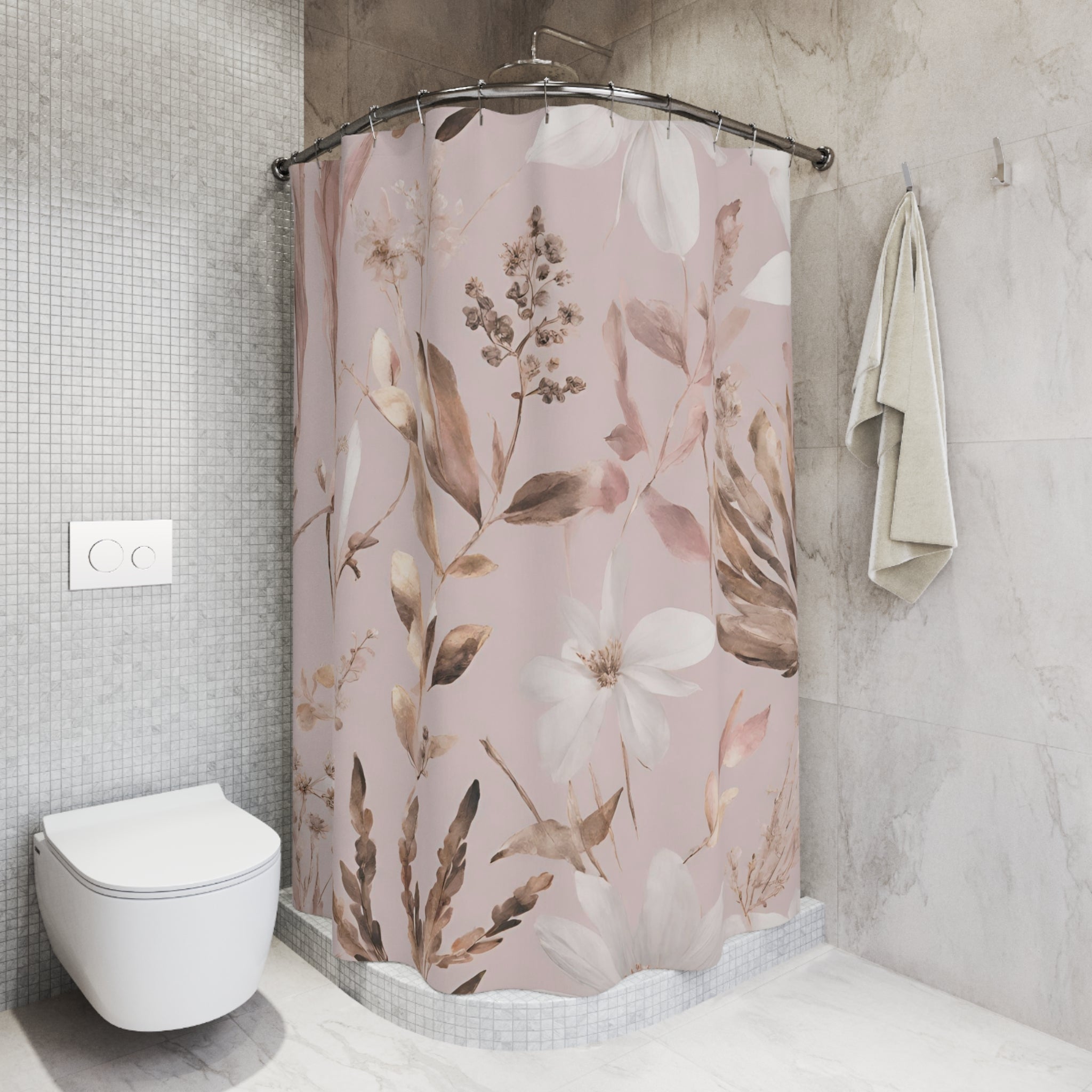 Pink Shower Curtain | Floral, Muted Gold Botanical