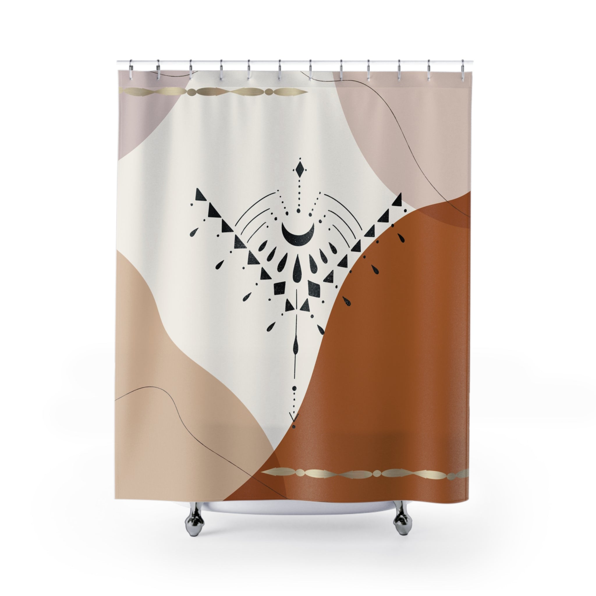 a bohemian, boho shower curtain with an abstract design on it