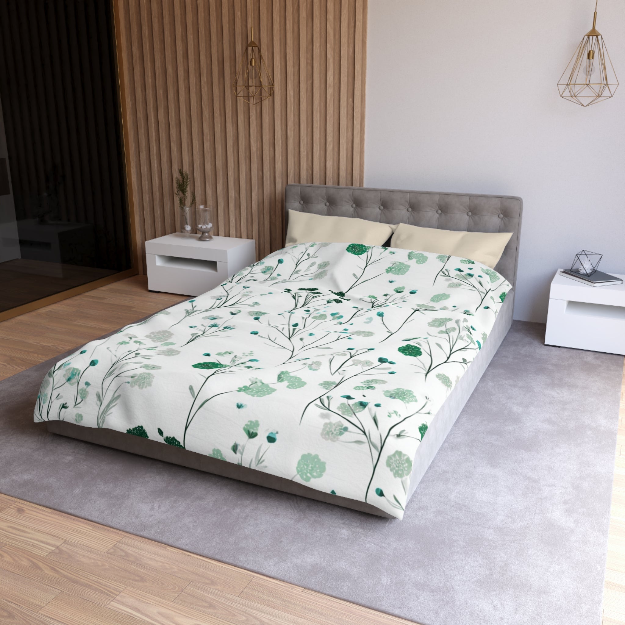 Floral Modern Duvet, Pillow Cover | White Green Bedroom Decor