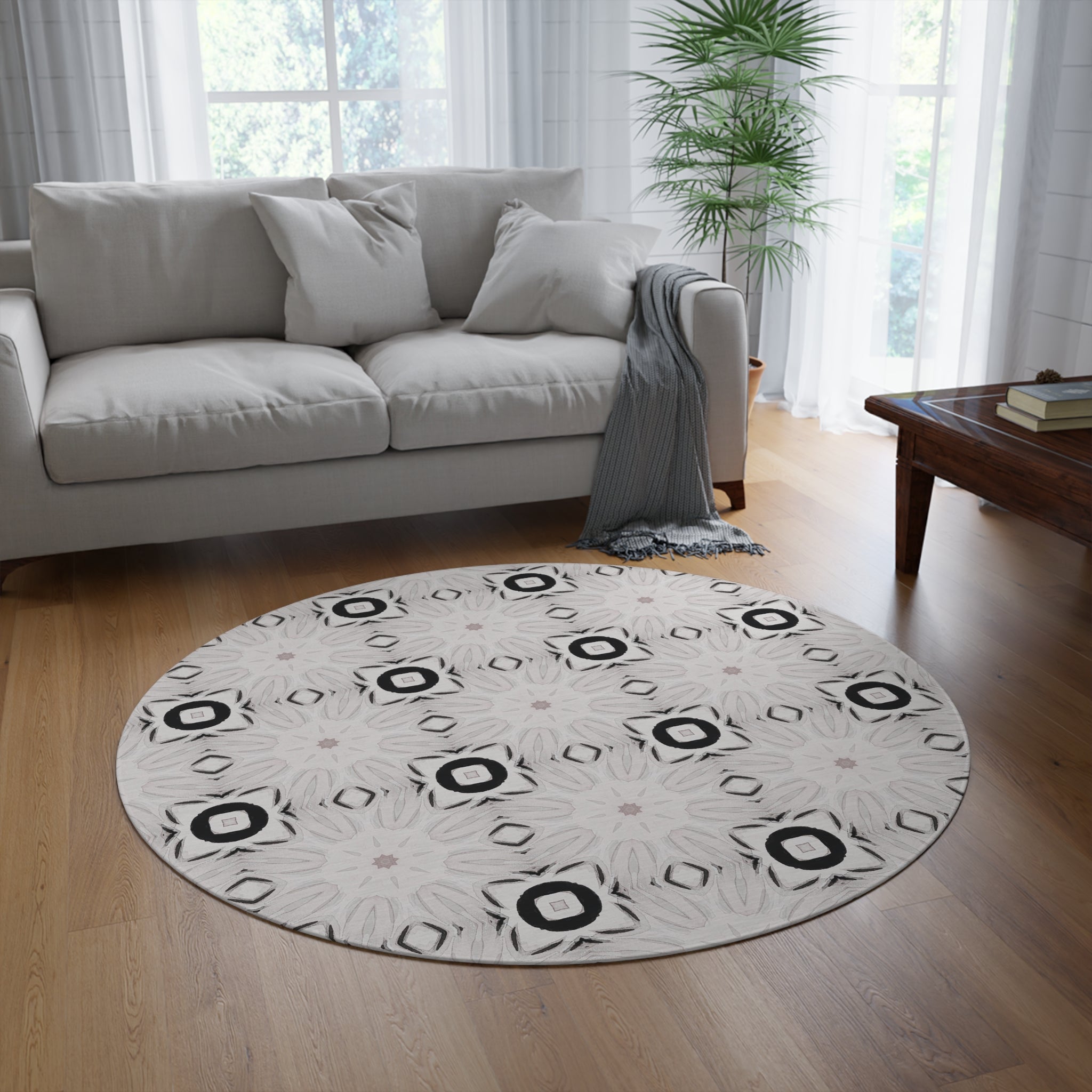 Boho Round Area Rug | Geometric Pattern Grey Black